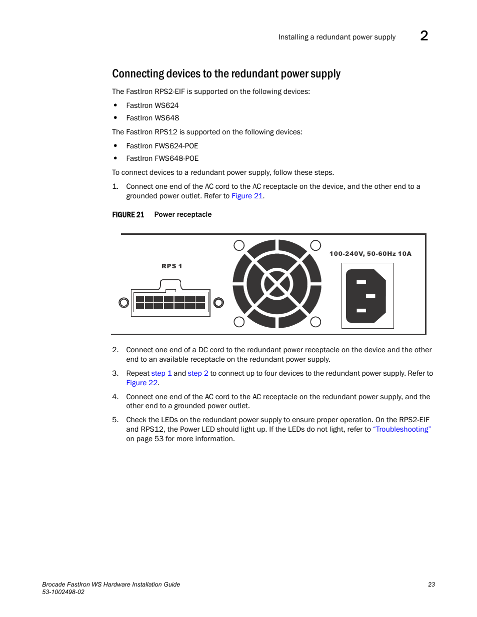 Connecting devices to the redundant power supply | Brocade FastIron WS Hardware Installation Guide User Manual | Page 33 / 74