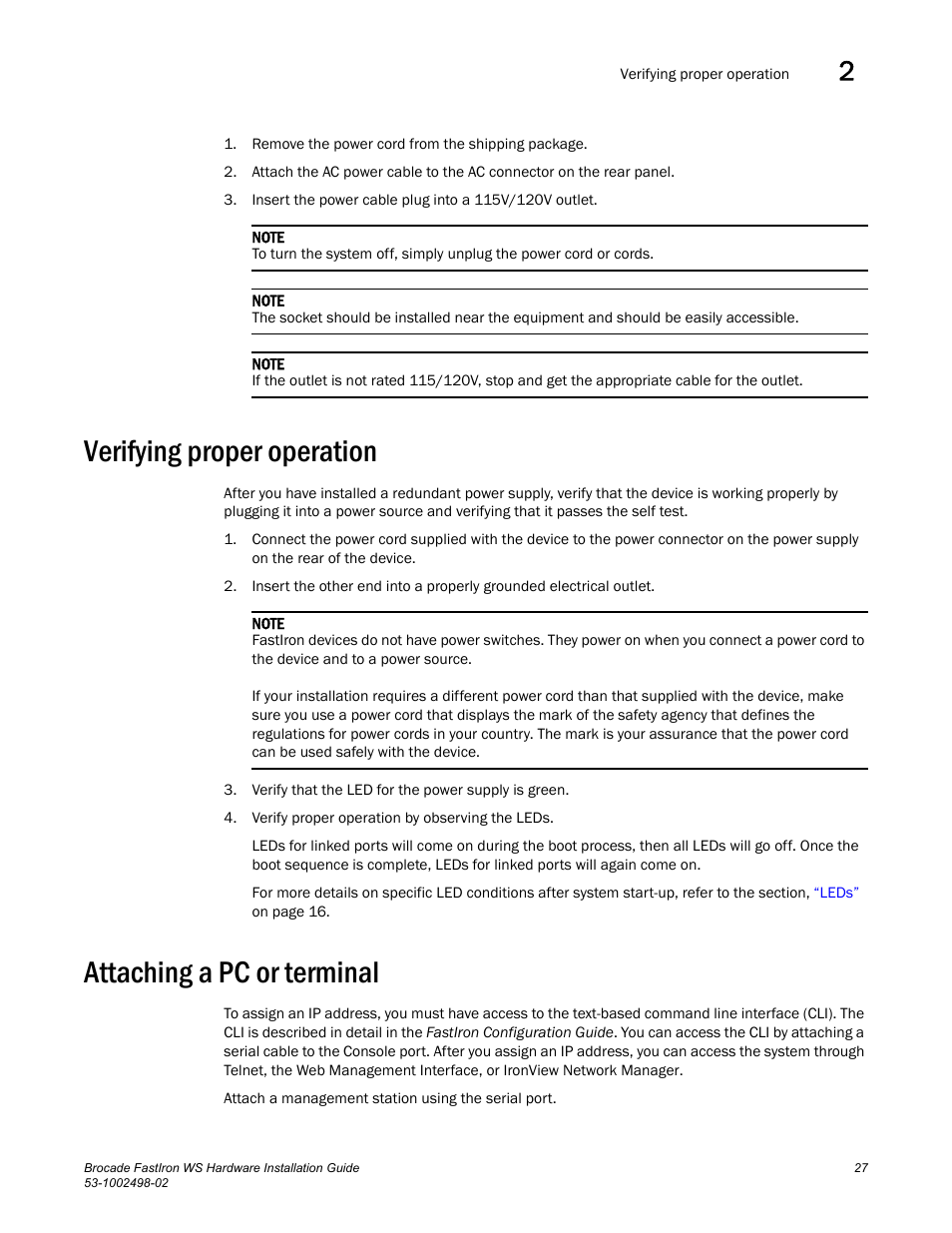 Verifying proper operation, Attaching a pc or terminal, N in | Brocade FastIron WS Hardware Installation Guide User Manual | Page 37 / 74