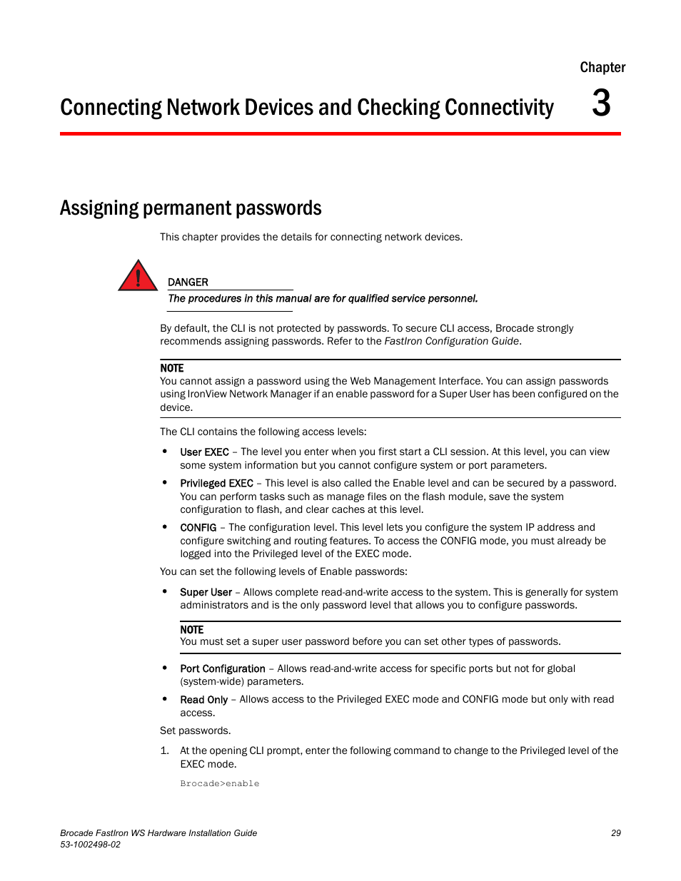 Assigning permanent passwords, Chapter 3, Chapter | Brocade FastIron WS Hardware Installation Guide User Manual | Page 39 / 74