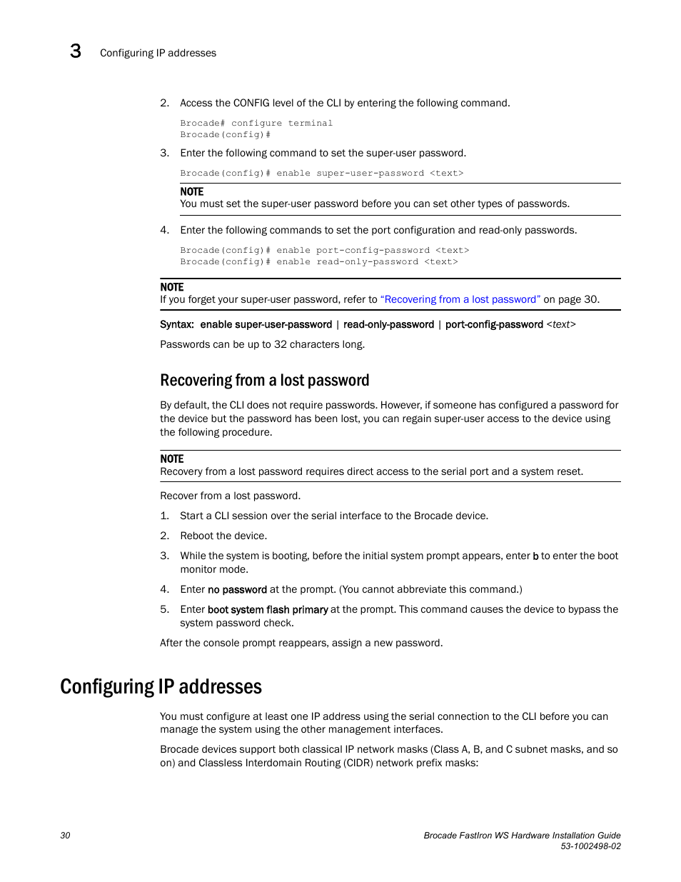 Recovering from a lost password, Configuring ip addresses | Brocade FastIron WS Hardware Installation Guide User Manual | Page 40 / 74