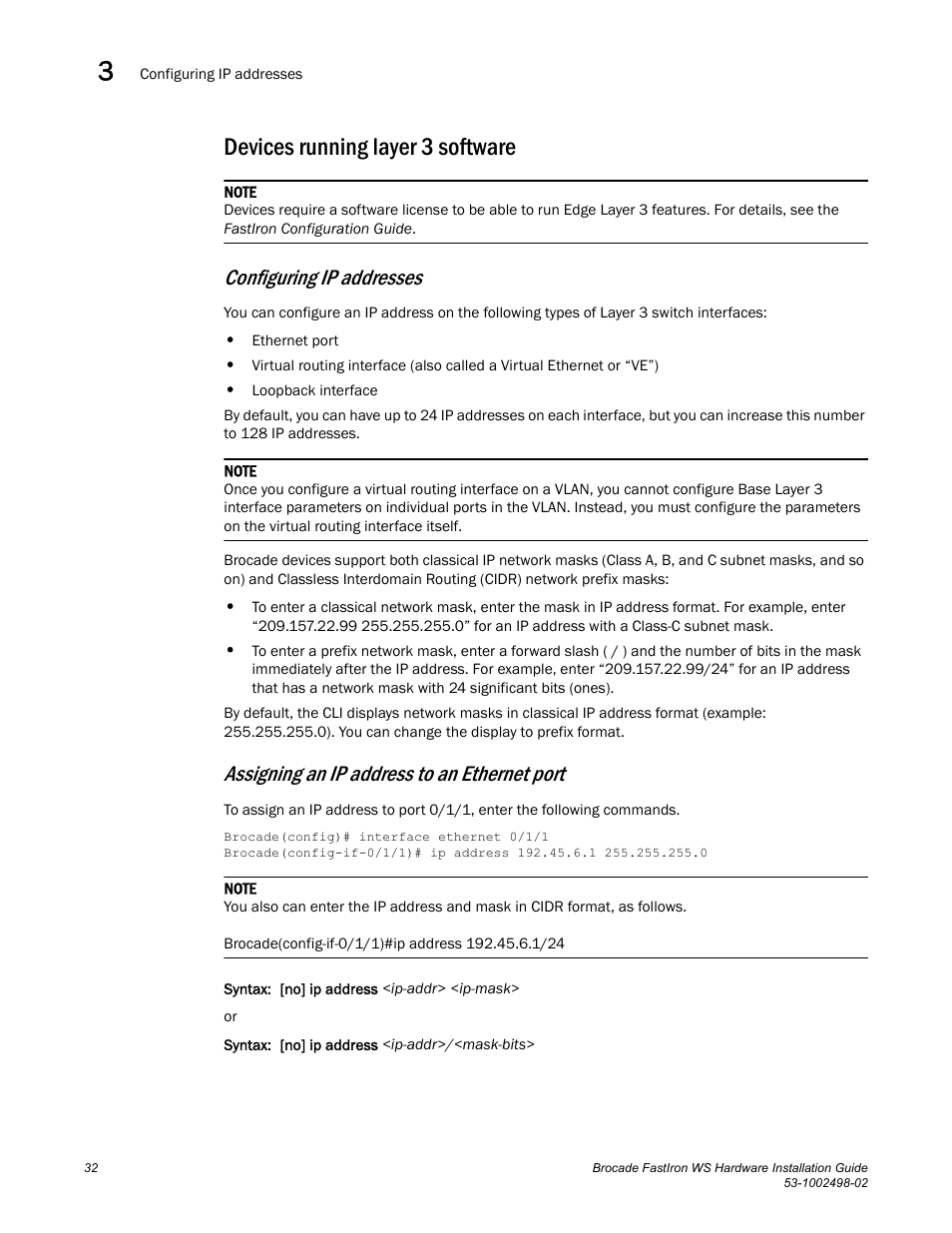 Devices running layer 3 software, Configuring ip addresses, Assigning an ip address to an ethernet port | Brocade FastIron WS Hardware Installation Guide User Manual | Page 42 / 74