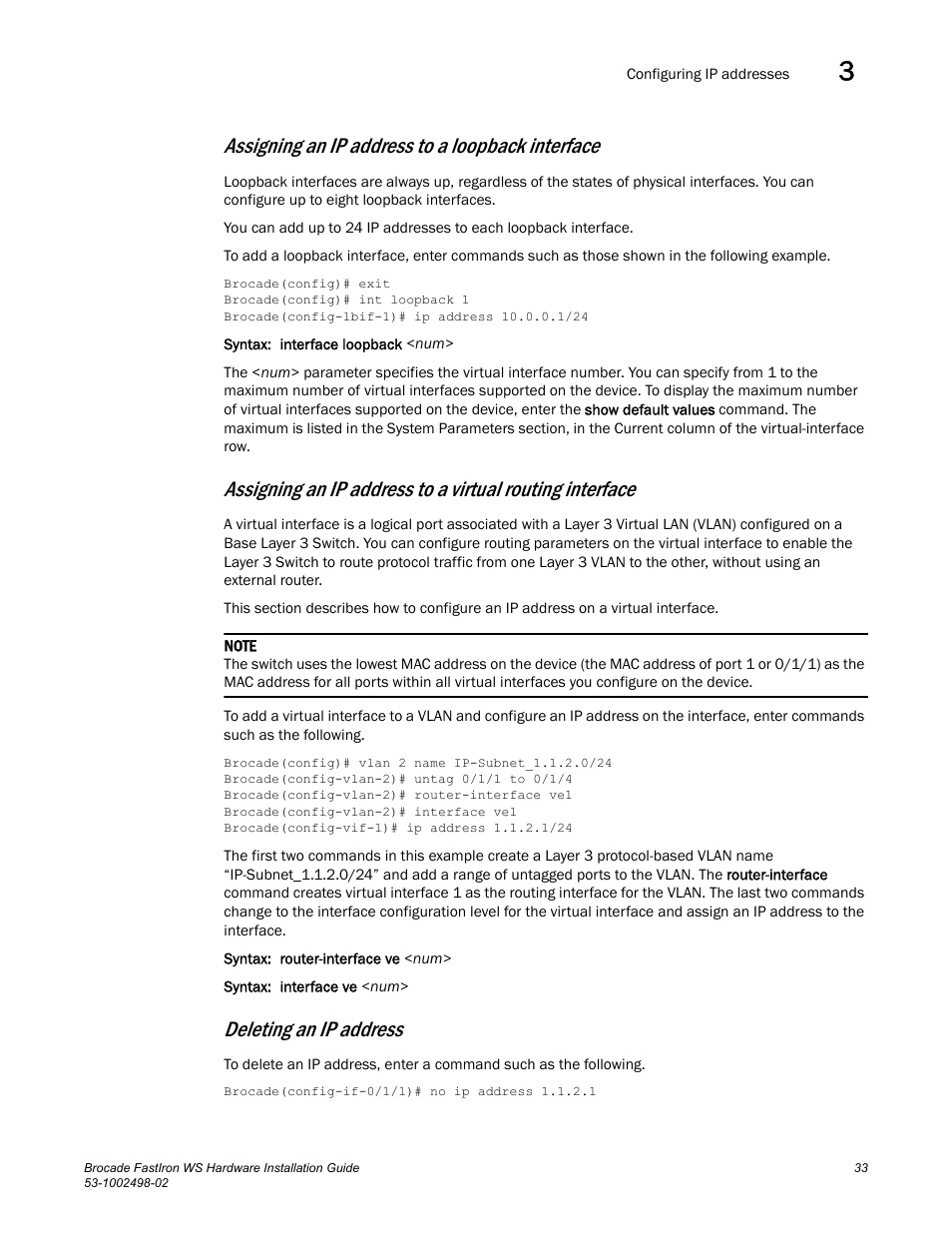 Assigning an ip address to a loopback interface, Deleting an ip address | Brocade FastIron WS Hardware Installation Guide User Manual | Page 43 / 74