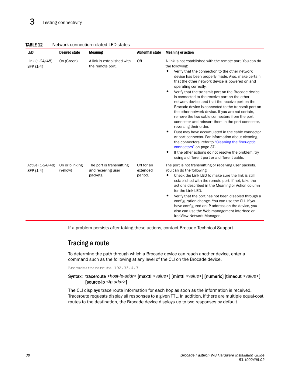 Tracing a route, Table 12 | Brocade FastIron WS Hardware Installation Guide User Manual | Page 48 / 74