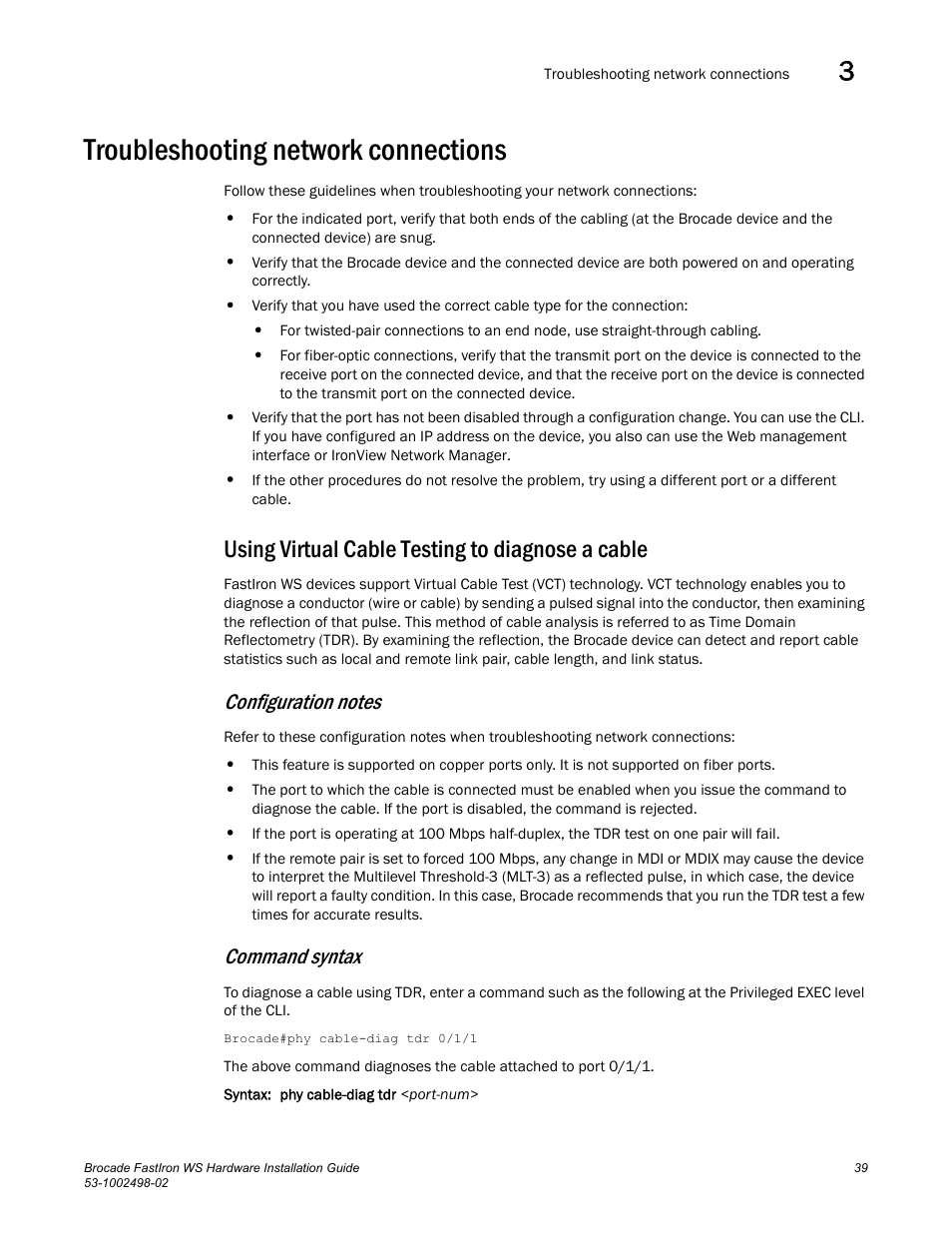 Troubleshooting network connections, Using virtual cable testing to diagnose a cable, Command syntax | Brocade FastIron WS Hardware Installation Guide User Manual | Page 49 / 74