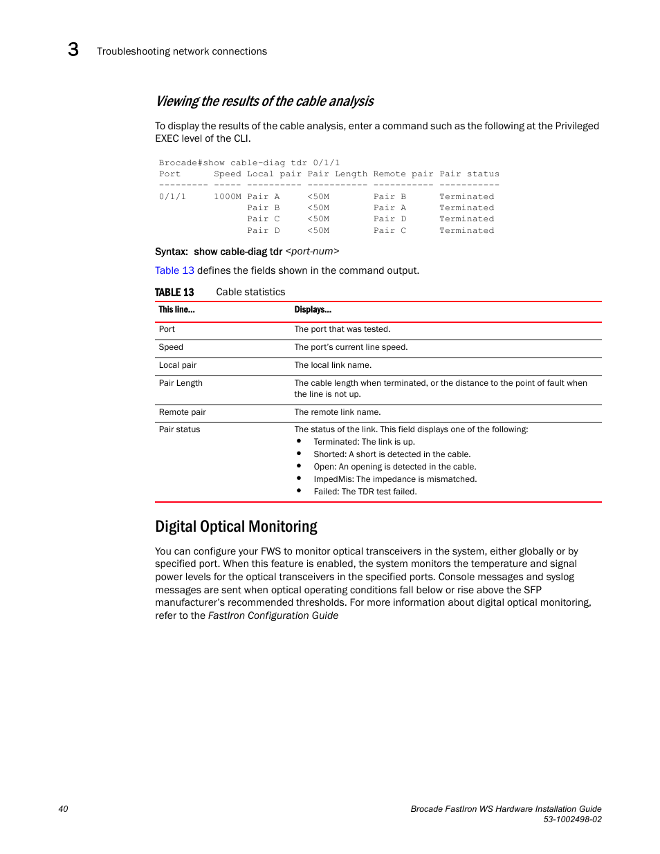 Digital optical monitoring, Viewing the results of the cable analysis | Brocade FastIron WS Hardware Installation Guide User Manual | Page 50 / 74