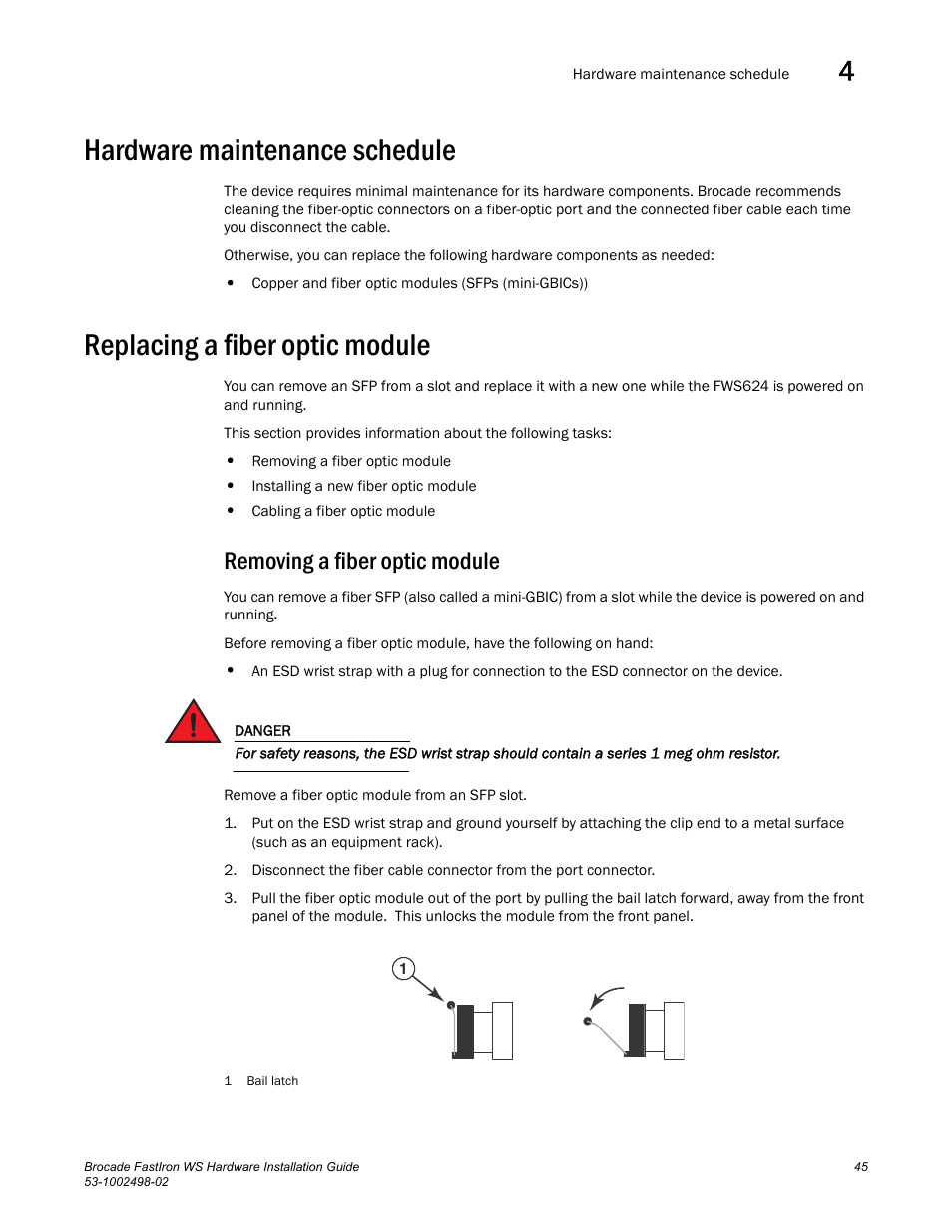 Hardware maintenance schedule, Replacing a fiber optic module, Removing a fiber optic module | Brocade FastIron WS Hardware Installation Guide User Manual | Page 55 / 74