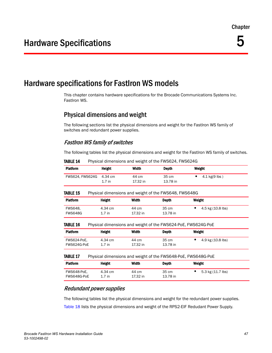Hardware specifications, Hardware specifications for fastiron ws models, Physical dimensions and weight | Chapter 5, Fastiron ws family of switches, Redundant power supplies, Chapter | Brocade FastIron WS Hardware Installation Guide User Manual | Page 57 / 74
