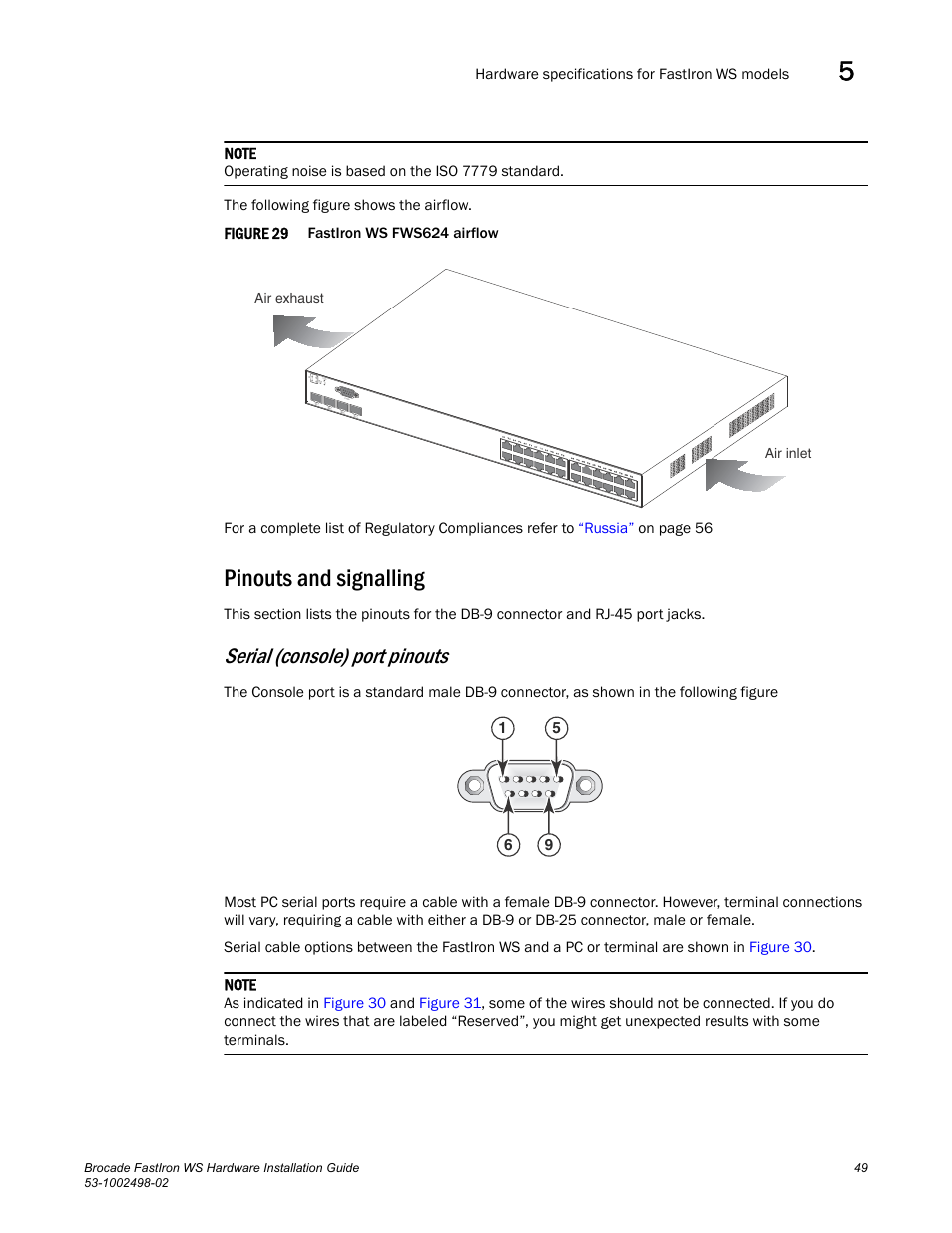 Pinouts and signalling, Serial (console) port pinouts | Brocade FastIron WS Hardware Installation Guide User Manual | Page 59 / 74