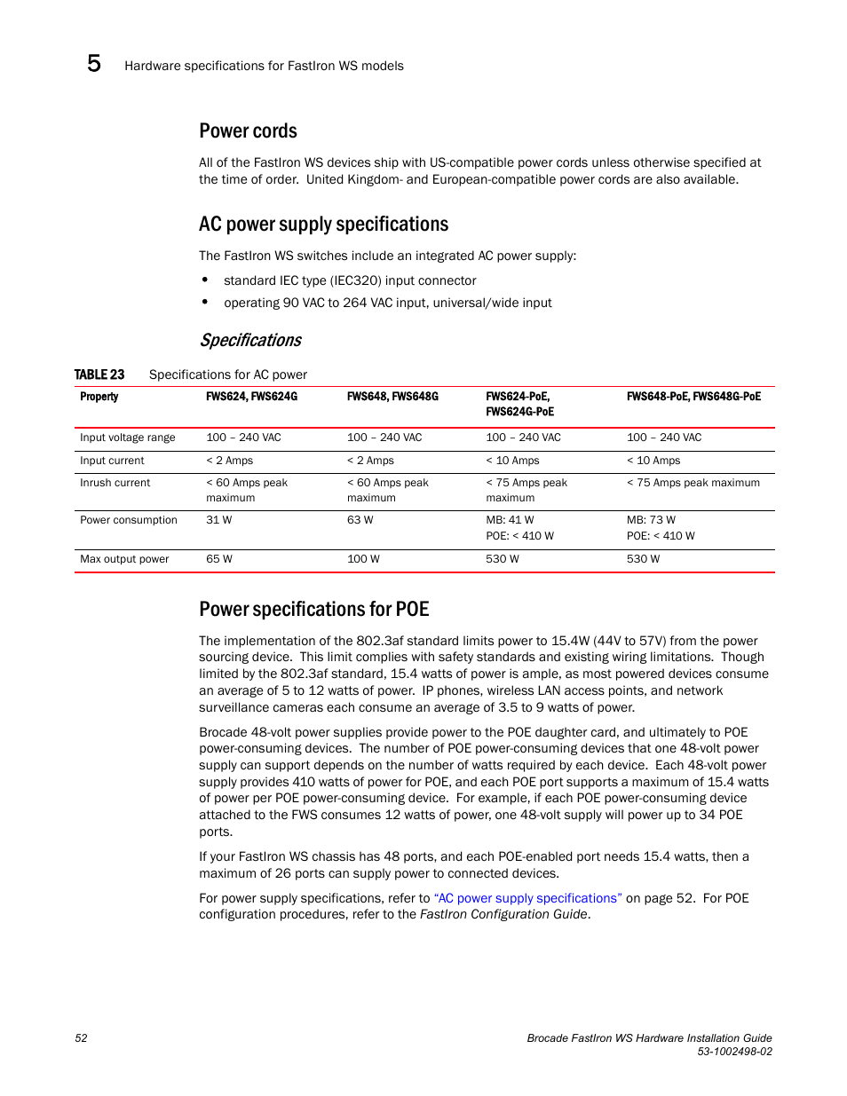 Power cords, Ac power supply specifications, Power specifications for poe | Specifications | Brocade FastIron WS Hardware Installation Guide User Manual | Page 62 / 74