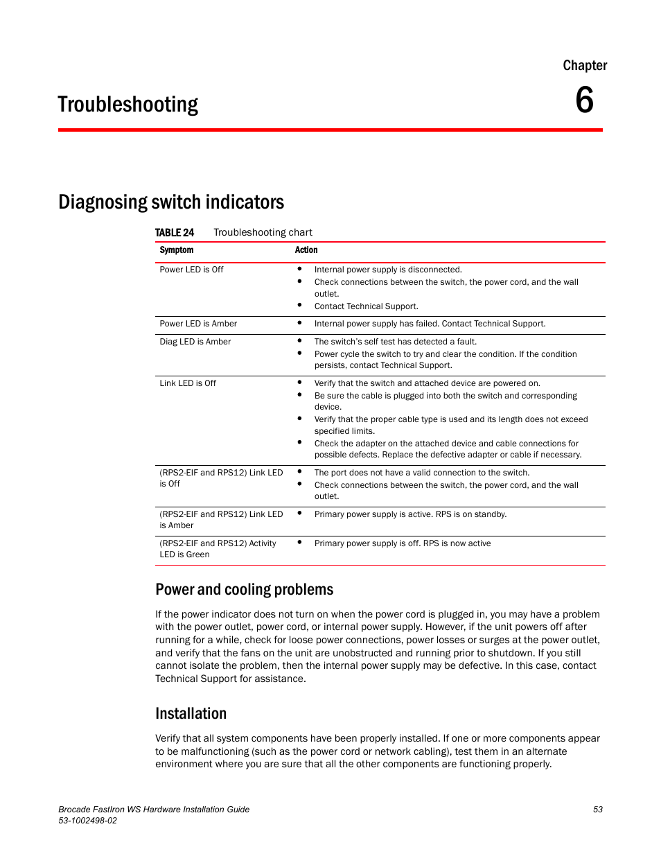 Troubleshooting, Diagnosing switch indicators, Power and cooling problems | Installation, Chapter 6, Chapter | Brocade FastIron WS Hardware Installation Guide User Manual | Page 63 / 74