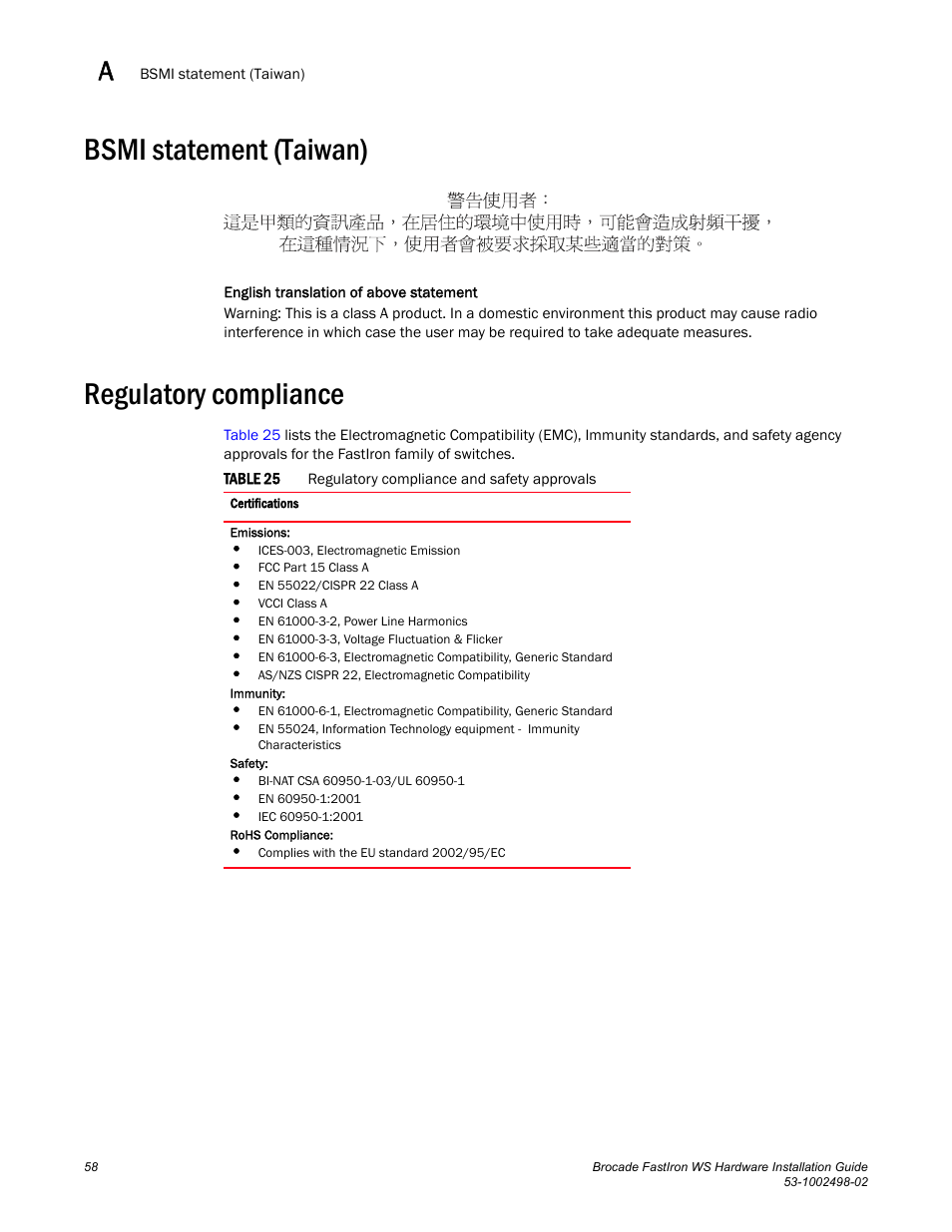 Bsmi statement (taiwan), Regulatory compliance | Brocade FastIron WS Hardware Installation Guide User Manual | Page 68 / 74