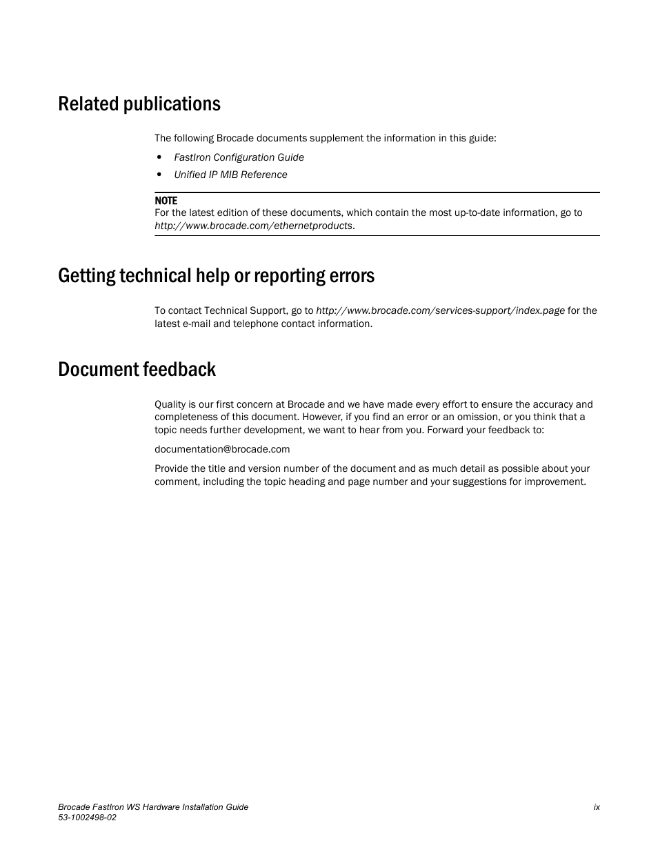 Related publications, Getting technical help or reporting errors, Document feedback | Brocade FastIron WS Hardware Installation Guide User Manual | Page 9 / 74