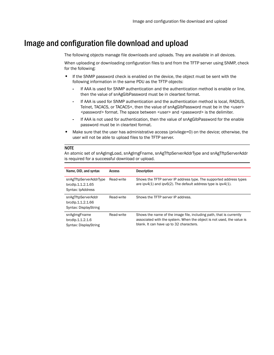 Image and configuration file download and upload, Snagtftpserveraddrtype, Snagtftpserveraddr | Snagimgfname | Brocade Unified IP MIB Reference (Supporting FastIron Release 07.5.00) User Manual | Page 161 / 768