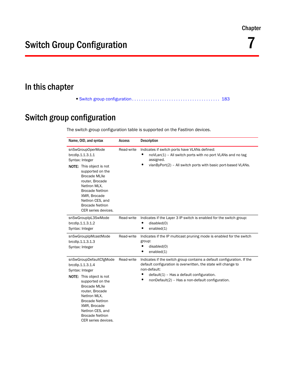 Switch group configuration, Snswgroupopermode, Snswgroupipl3swmode | Snswgroupipmcastmode, Snswgroupdefaultcfgmode, Chapter 7, Chapter | Brocade Unified IP MIB Reference (Supporting FastIron Release 07.5.00) User Manual | Page 211 / 768