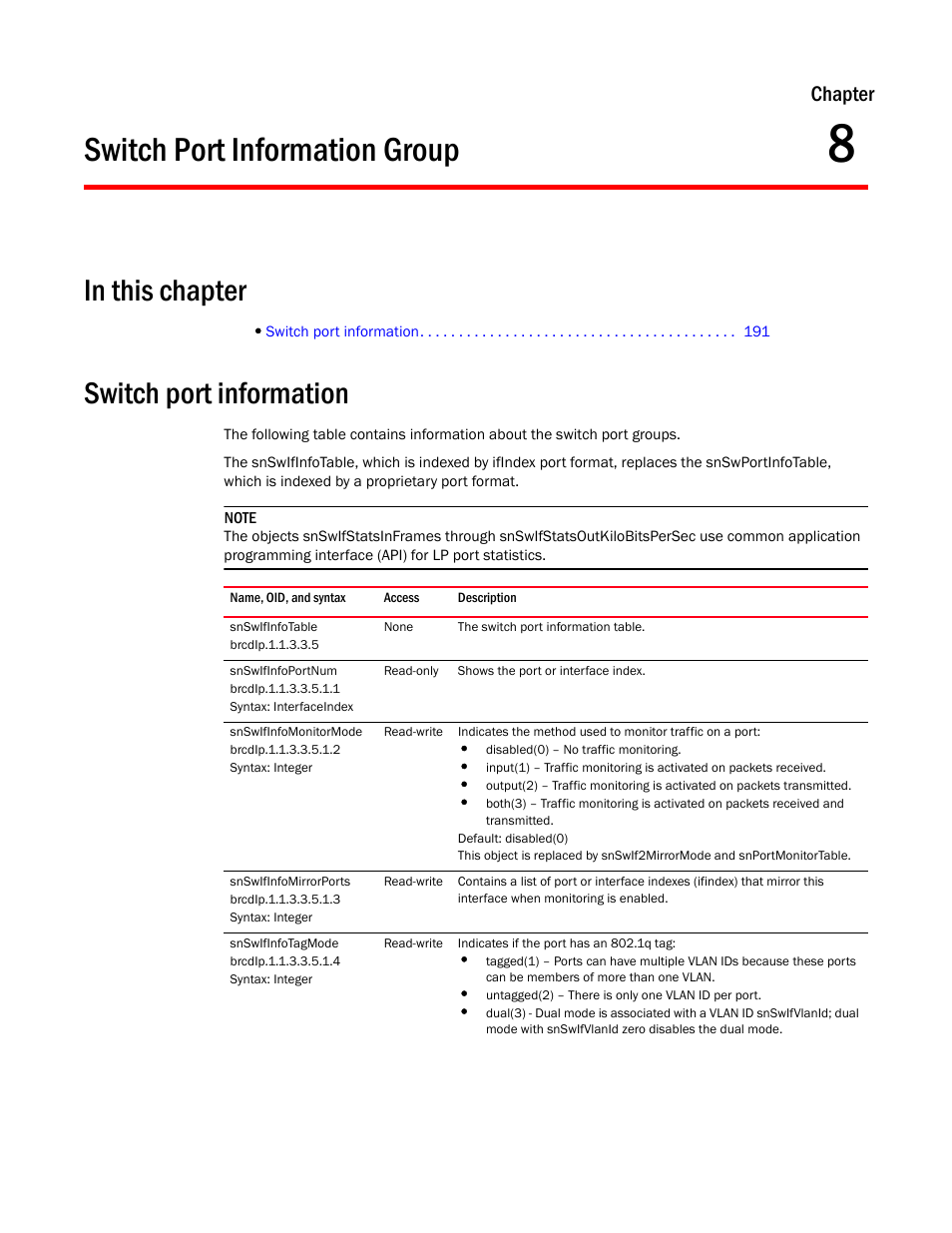 Switch port information group, Switch port information, Snswifinfotable | Snswifinfoportnum, Snswifinfomonitormode, Snswifinfomirrorports, Snswifinfotagmode, Chapter 8, Chapter | Brocade Unified IP MIB Reference (Supporting FastIron Release 07.5.00) User Manual | Page 219 / 768