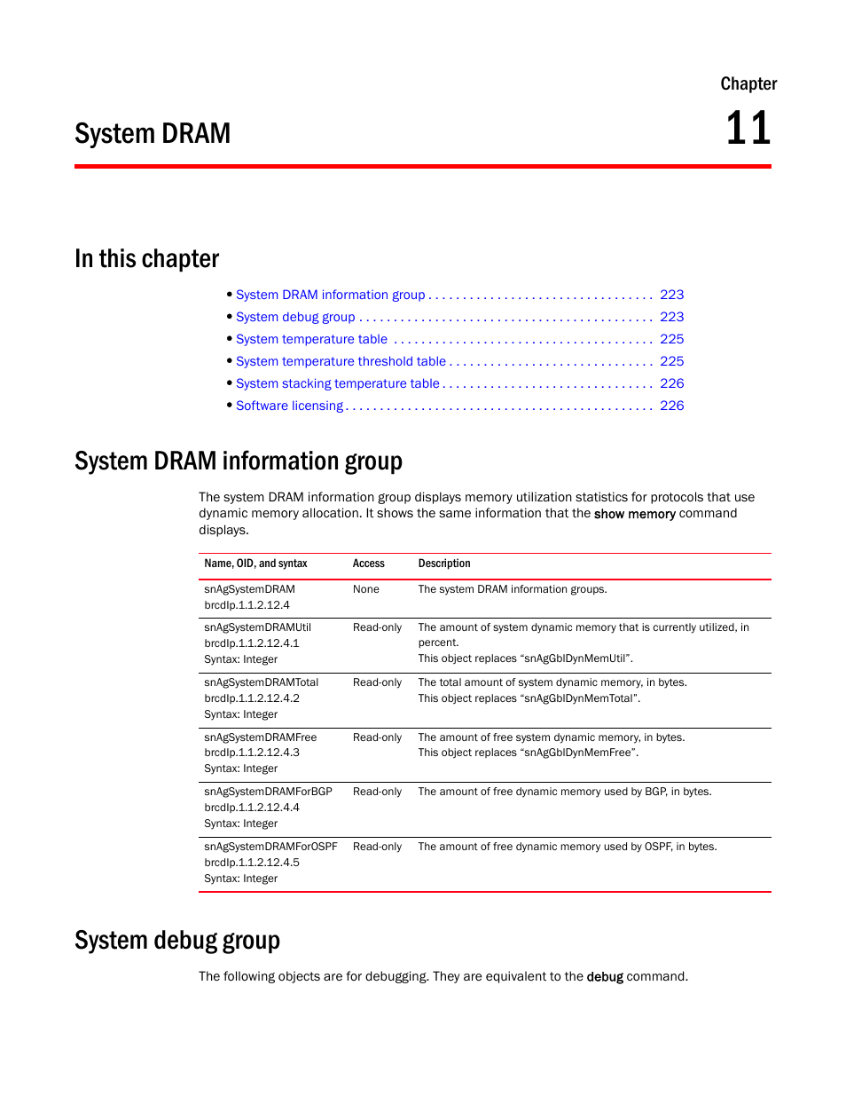 System dram, System dram information group, Snagsystemdram | Snagsystemdramutil, Snagsystemdramtotal, Snagsystemdramfree, Snagsystemdramforbgp, Snagsystemdramforospf, System debug group, Chapter 11 | Brocade Unified IP MIB Reference (Supporting FastIron Release 07.5.00) User Manual | Page 251 / 768