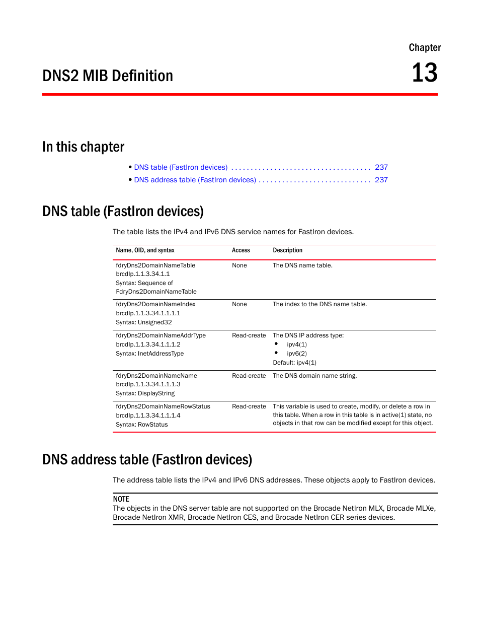 Dns2 mib definition, Dns table (fastiron devices), Fdrydns2domainnametable | Fdrydns2domainnameindex, Fdrydns2domainnameaddrtype, Fdrydns2domainnamename, Fdrydns2domainnamerowstatus, Dns address table (fastiron devices), Chapter 13, Chapter | Brocade Unified IP MIB Reference (Supporting FastIron Release 07.5.00) User Manual | Page 265 / 768