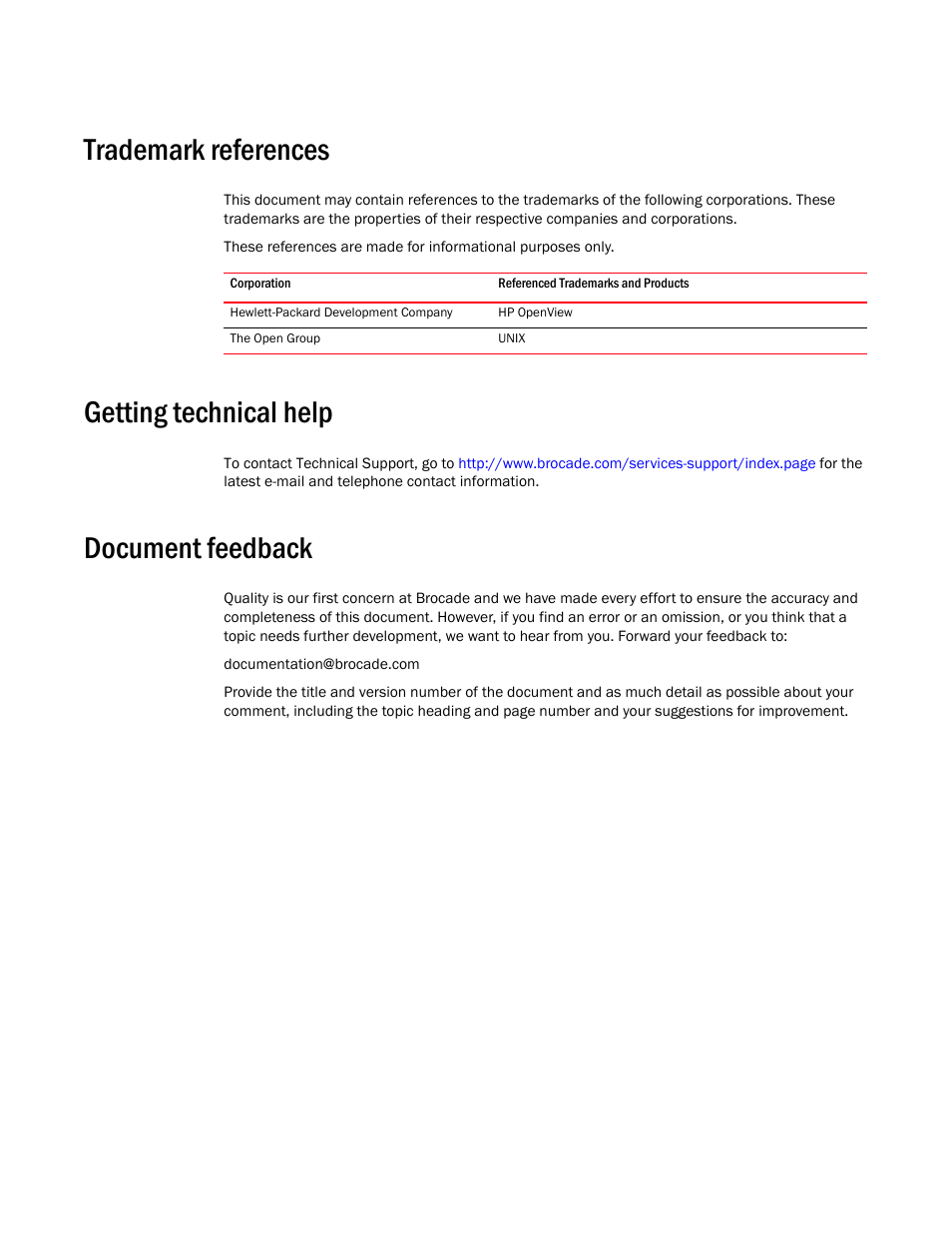 Trademark references, Getting technical help, Document feedback | Brocade Unified IP MIB Reference (Supporting FastIron Release 07.5.00) User Manual | Page 27 / 768