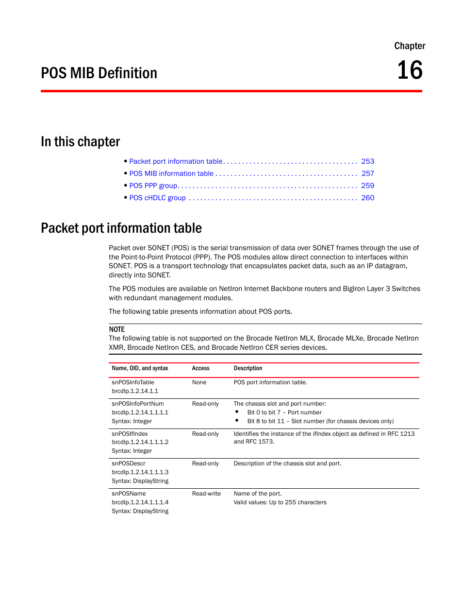 Pos mib definition, Packet port information table, Snposinfotable | Snposinfoportnum, Snposifindex, Snposdescr, Snposname, Chapter 16, Chapter | Brocade Unified IP MIB Reference (Supporting FastIron Release 07.5.00) User Manual | Page 281 / 768