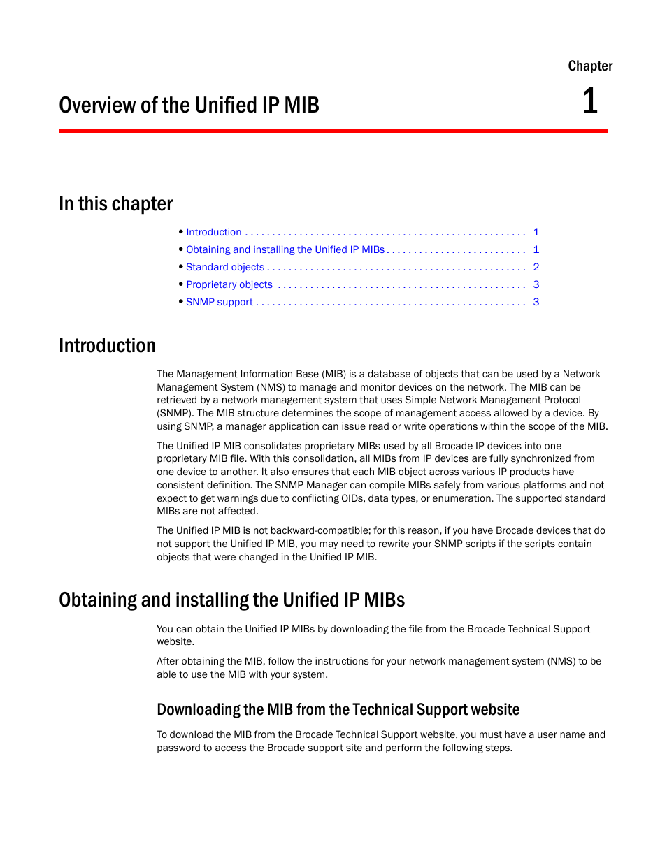 Overview of the unified ip mib, Introduction, Obtaining and installing the unified ip mibs | Chapter 1 | Brocade Unified IP MIB Reference (Supporting FastIron Release 07.5.00) User Manual | Page 29 / 768
