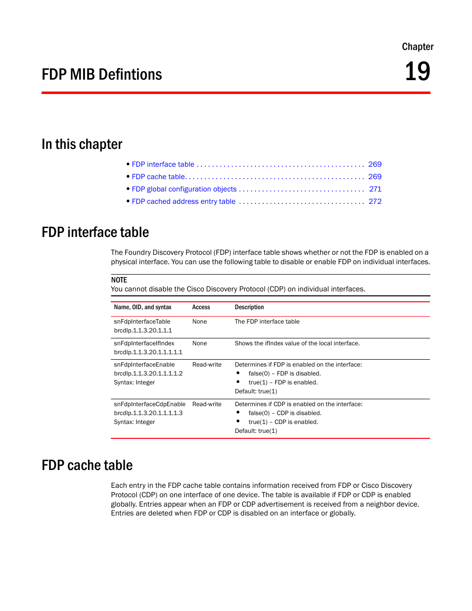 Fdp mib defintions, Fdp interface table, Snfdpinterfacetable | Snfdpinterfaceifindex, Snfdpinterfaceenable, Snfdpinterfacecdpenable, Fdp cache table, Chapter 19, Chapter | Brocade Unified IP MIB Reference (Supporting FastIron Release 07.5.00) User Manual | Page 297 / 768