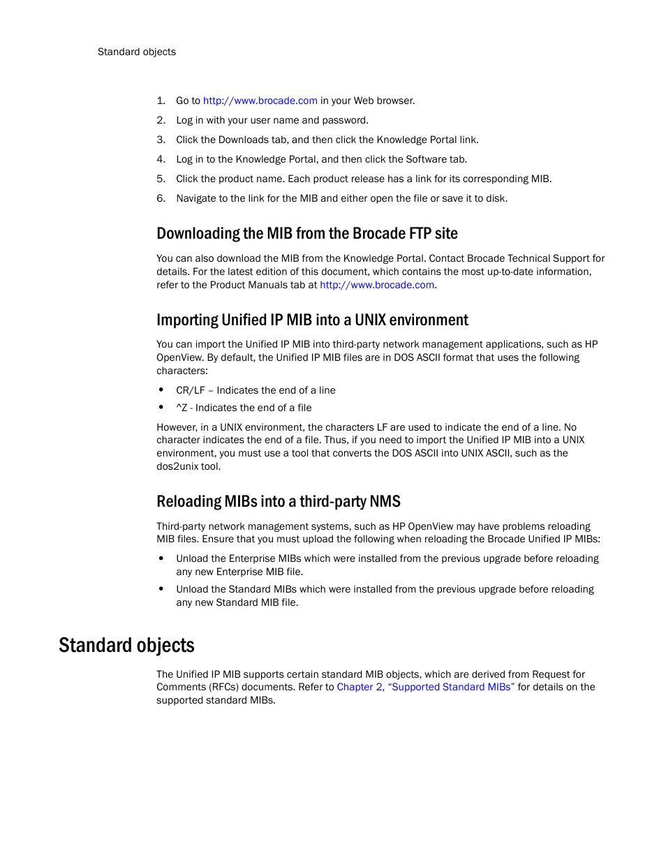 Downloading the mib from the brocade ftp site, Importing unified ip mib into a unix environment, Reloading mibs into a third-party nms | Standard objects | Brocade Unified IP MIB Reference (Supporting FastIron Release 07.5.00) User Manual | Page 30 / 768