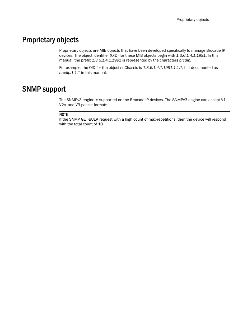 Proprietary objects, Snmp support | Brocade Unified IP MIB Reference (Supporting FastIron Release 07.5.00) User Manual | Page 31 / 768