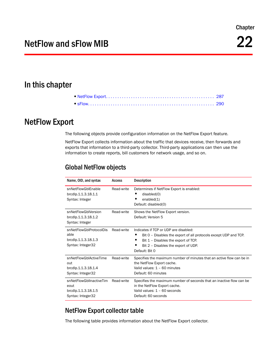 Netflow and sflow mib, Netflow export, Global netflow objects | Snnetflowgblenable, Snnetflowgblversion, Snnetflowgblprotocoldis able, Snnetflowgblactivetime out, Snnetflowgblinactivetim eout, Netflow export collector table, Chapter 22 | Brocade Unified IP MIB Reference (Supporting FastIron Release 07.5.00) User Manual | Page 315 / 768