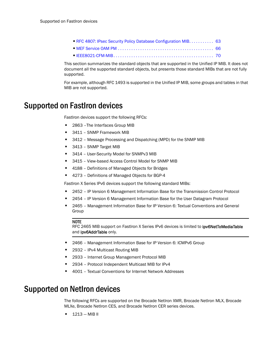 Supported on fastiron devices, Supported on netiron devices | Brocade Unified IP MIB Reference (Supporting FastIron Release 07.5.00) User Manual | Page 34 / 768