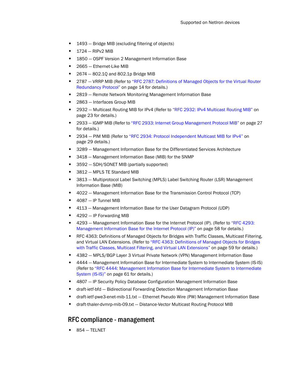 Rfc compliance - management | Brocade Unified IP MIB Reference (Supporting FastIron Release 07.5.00) User Manual | Page 35 / 768