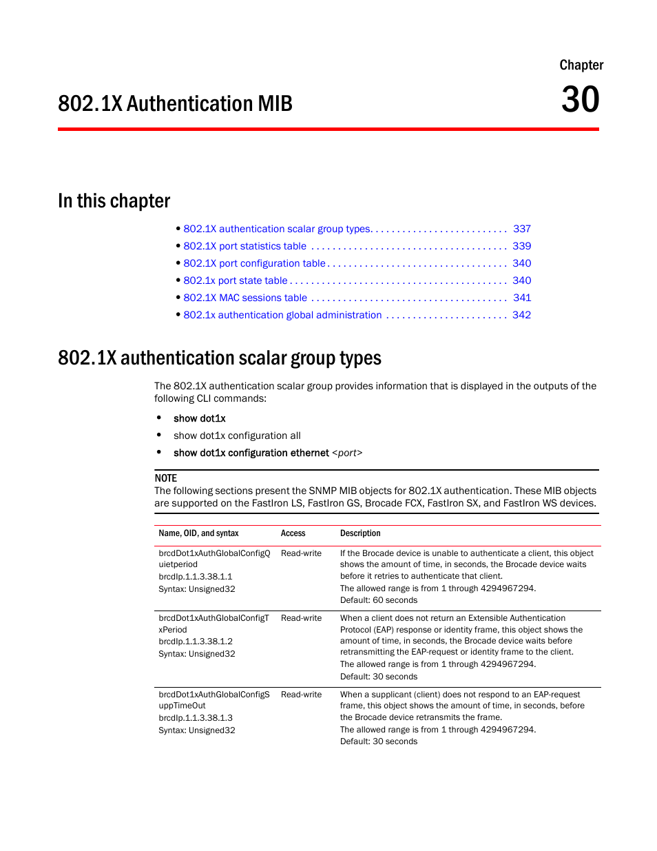 1x authentication mib, 1x authentication scalar group types, Brcddot1xauthglobalconfigq uietperiod | Brcddot1xauthglobalconfigt xperiod, Brcddot1xauthglobalconfigs upptimeout, Chapter 30, Chapter | Brocade Unified IP MIB Reference (Supporting FastIron Release 07.5.00) User Manual | Page 365 / 768