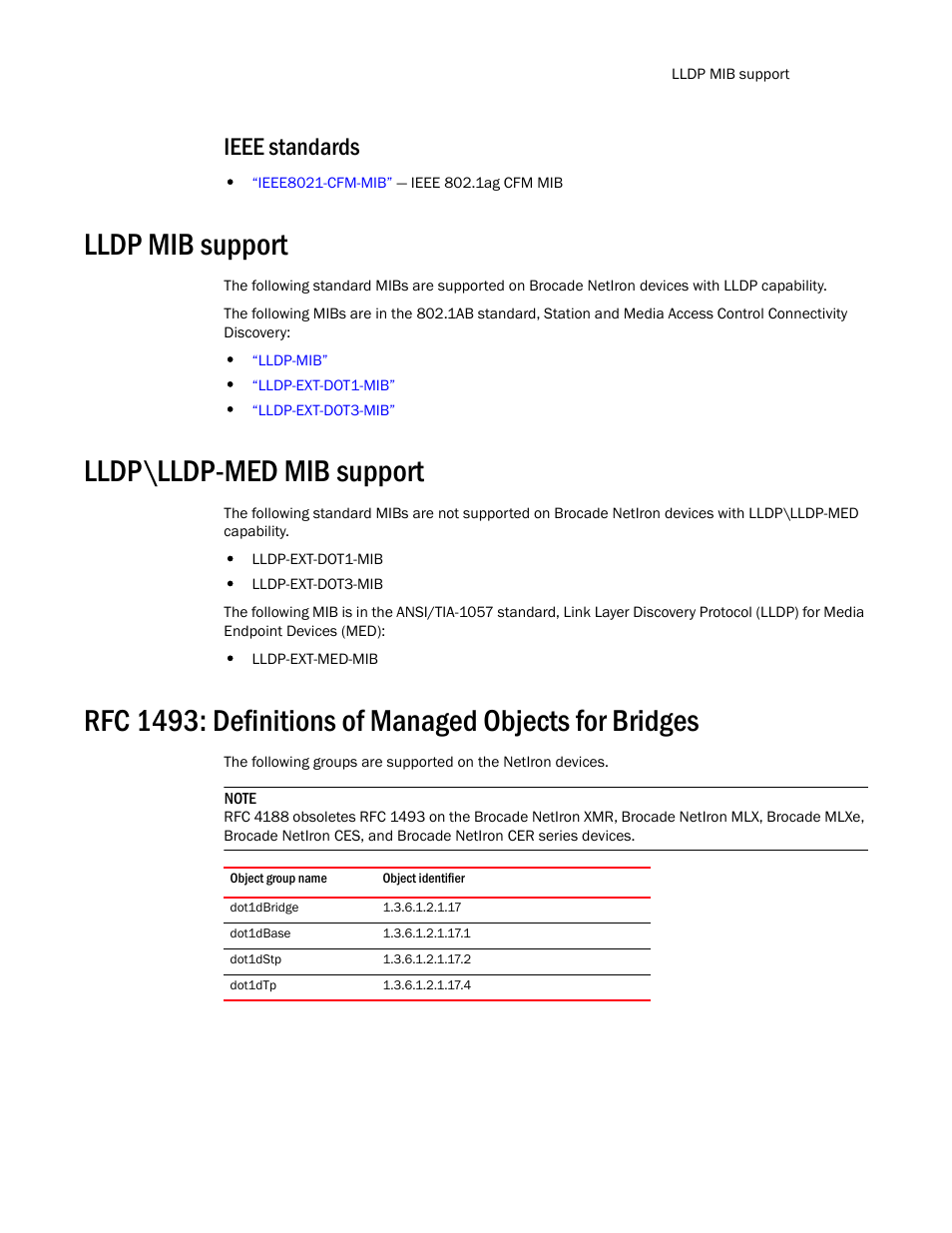 Ieee standards, Lldp mib support, Lldp\lldp-med mib support | Dot1dbridge, Dot1dbase, Dot1dstp, Dot1dtp | Brocade Unified IP MIB Reference (Supporting FastIron Release 07.5.00) User Manual | Page 37 / 768