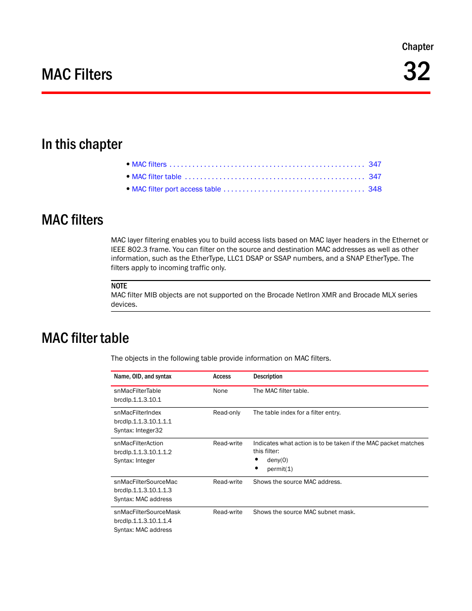Mac filters, Mac filter table, Snmacfiltertable | Snmacfilterindex, Snmacfilteraction, Snmacfiltersourcemac, Snmacfiltersourcemask, Chapter 32, Chapter | Brocade Unified IP MIB Reference (Supporting FastIron Release 07.5.00) User Manual | Page 375 / 768