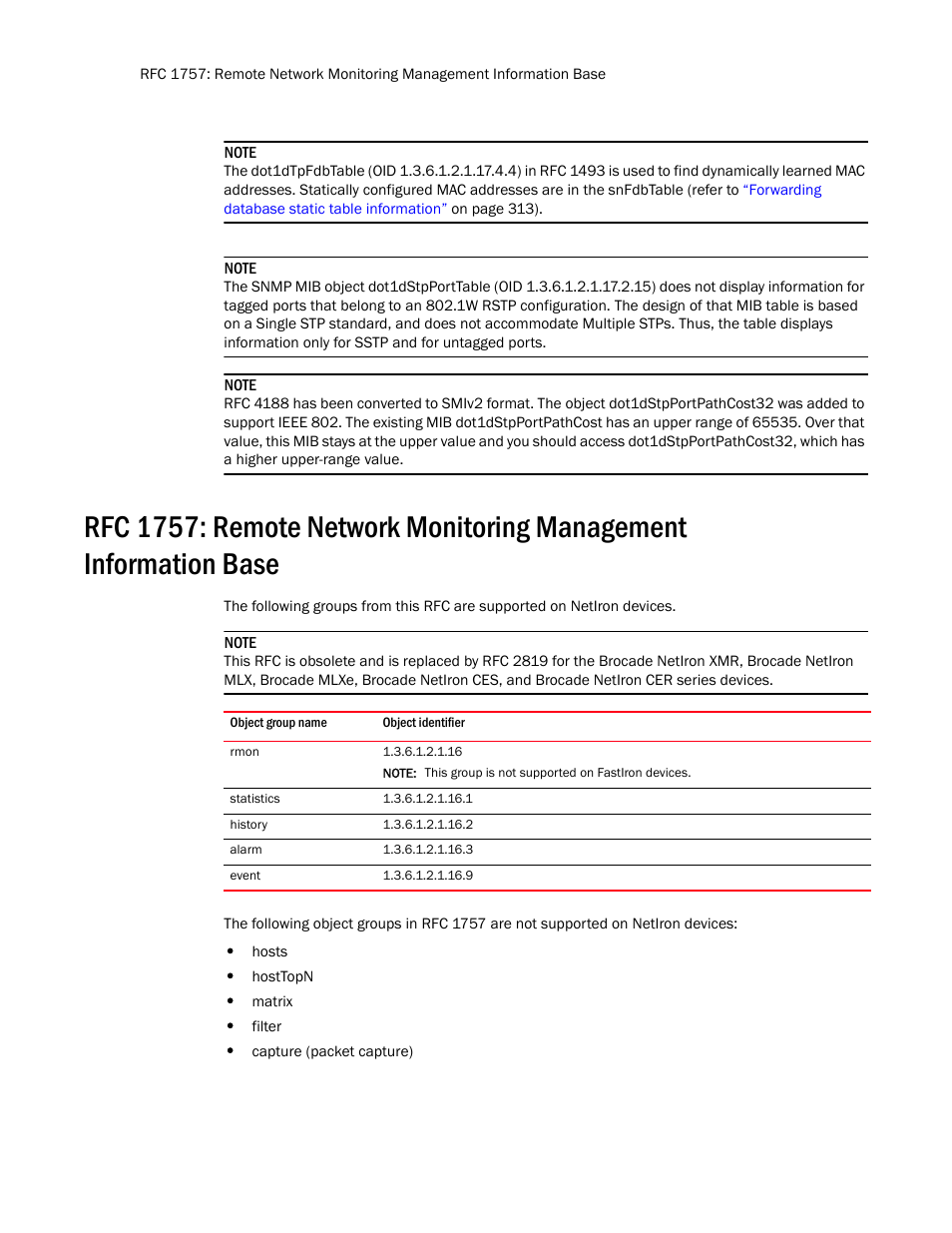 Rmon, Statistics, History | Alarm, Event | Brocade Unified IP MIB Reference (Supporting FastIron Release 07.5.00) User Manual | Page 38 / 768