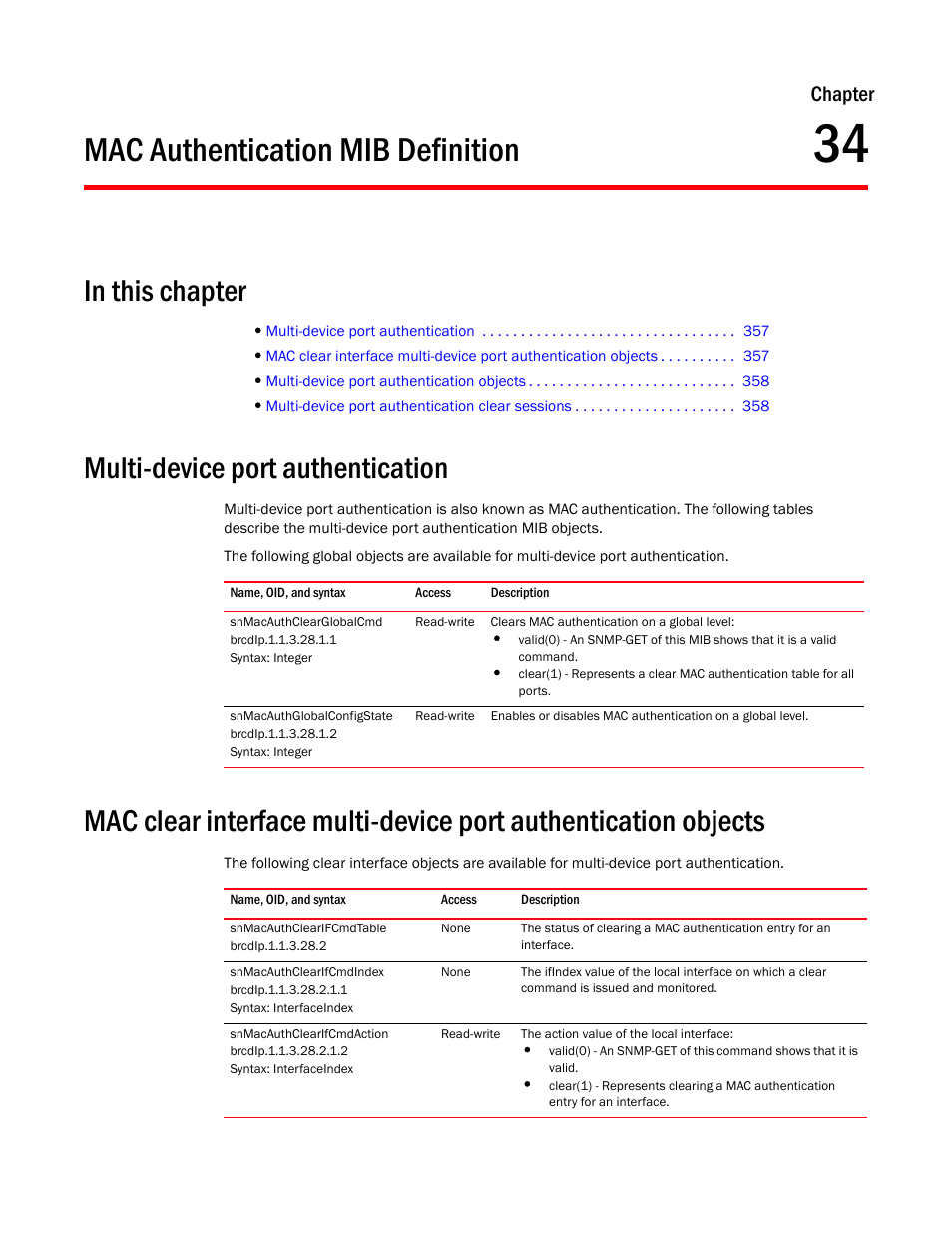 Mac authentication mib definition, Multi-device port authentication, Snmacauthclearglobalcmd | Snmacauthglobalconfigstate, Snmacauthclearifcmdtable, Snmacauthclearifcmdindex, Snmacauthclearifcmdaction, Chapter 34, Chapter | Brocade Unified IP MIB Reference (Supporting FastIron Release 07.5.00) User Manual | Page 385 / 768