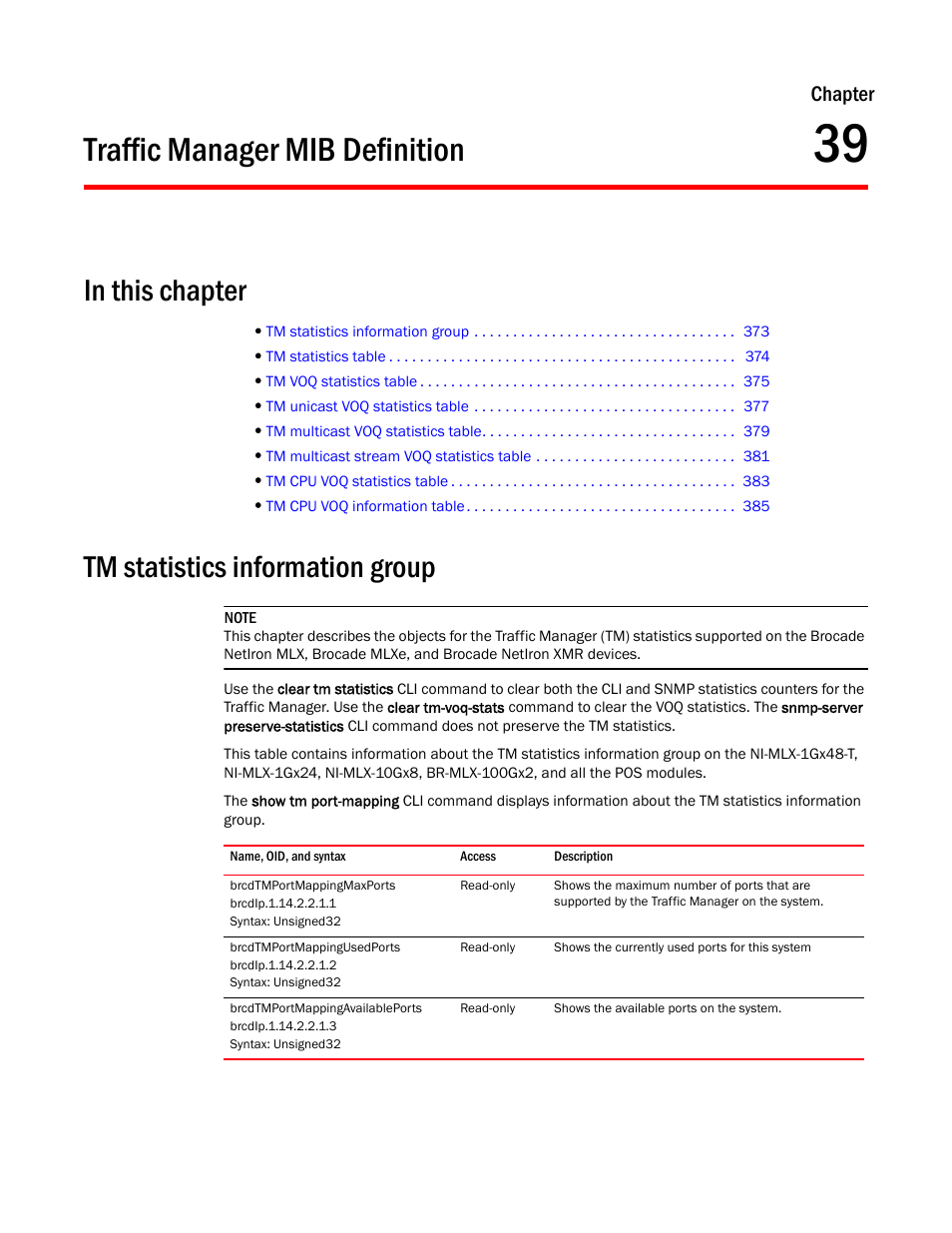 Traffic manager mib definition, Tm statistics information group, Brcdtmportmappingmaxports | Brcdtmportmappingusedports, Brcdtmportmappingavailableports, Chapter 39, Chapter | Brocade Unified IP MIB Reference (Supporting FastIron Release 07.5.00) User Manual | Page 401 / 768