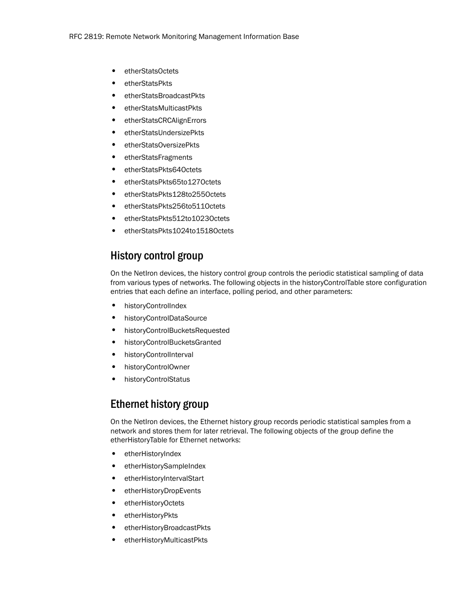 History control group, Ethernet history group | Brocade Unified IP MIB Reference (Supporting FastIron Release 07.5.00) User Manual | Page 44 / 768