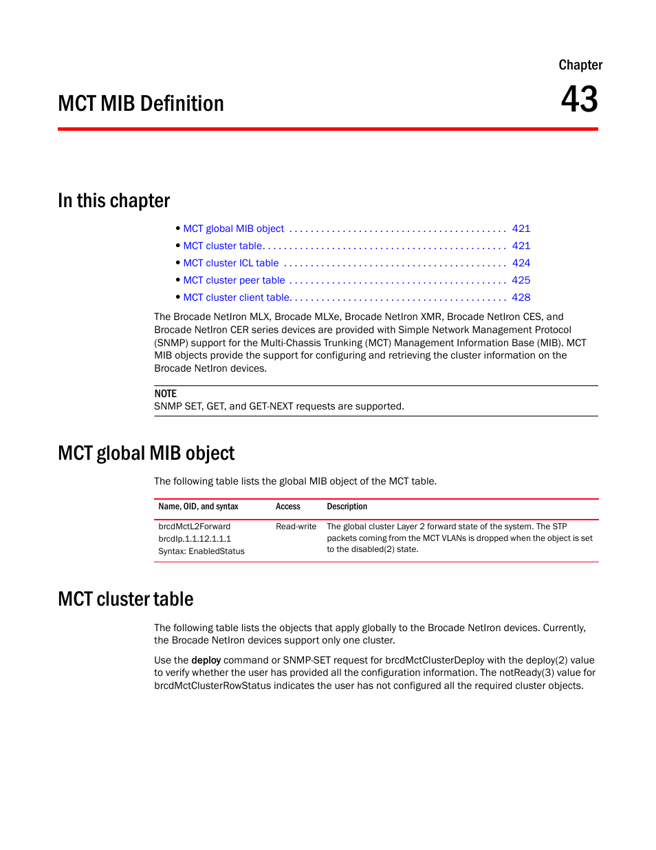 Mct mib definition, Mct global mib object, Brcdmctl2forward | Mct cluster table, Chapter 43 | Brocade Unified IP MIB Reference (Supporting FastIron Release 07.5.00) User Manual | Page 449 / 768