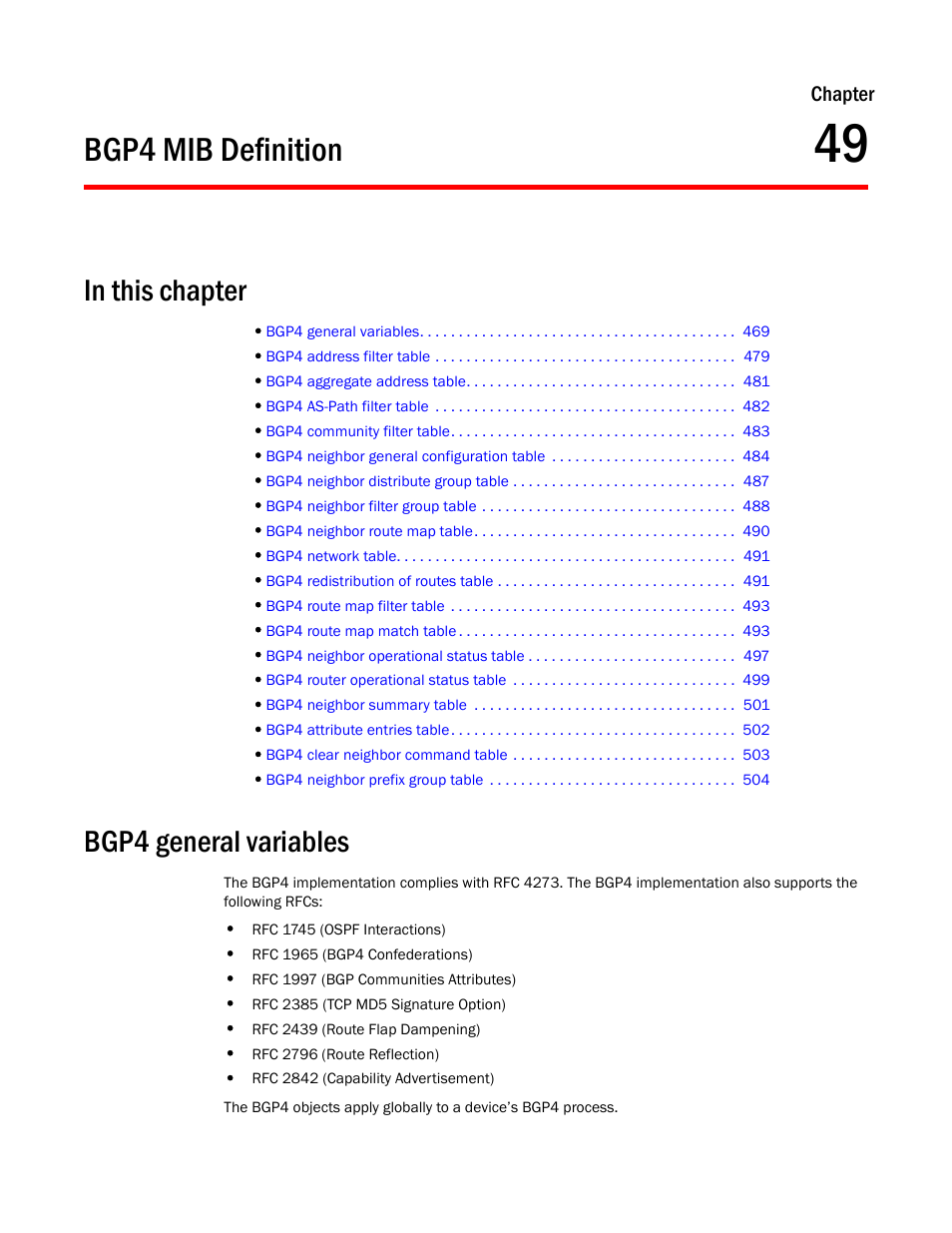 Bgp4 mib definition, Bgp4 general variables, Chapter 49 | Brocade Unified IP MIB Reference (Supporting FastIron Release 07.5.00) User Manual | Page 497 / 768