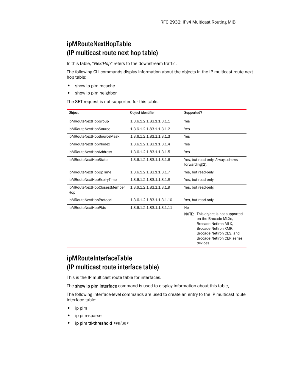 Ipmroutenexthopgroup, Ipmroutenexthopsource, Ipmroutenexthopsourcemask | Ipmroutenexthopifindex, Ipmroutenexthopaddress, Ipmroutenexthopstate, Ipmroutenexthopuptime, Ipmroutenexthopexpirytime, Ipmroutenexthopclosestmember hop, Ipmroutenexthopprotocol | Brocade Unified IP MIB Reference (Supporting FastIron Release 07.5.00) User Manual | Page 53 / 768