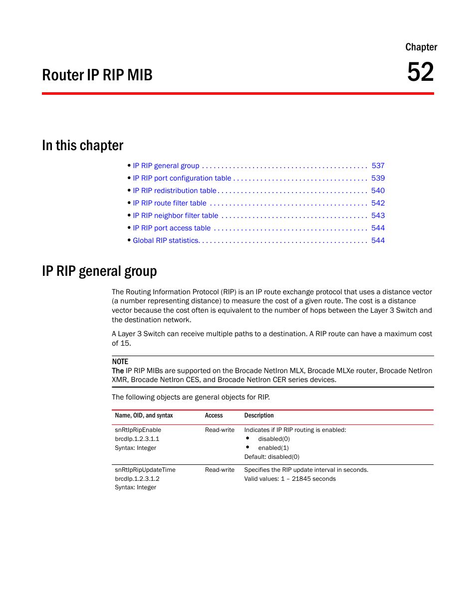 Router ip rip mib, Ip rip general group, Snrtipripenable | Snrtipripupdatetime, Chapter 52, Chapter | Brocade Unified IP MIB Reference (Supporting FastIron Release 07.5.00) User Manual | Page 565 / 768