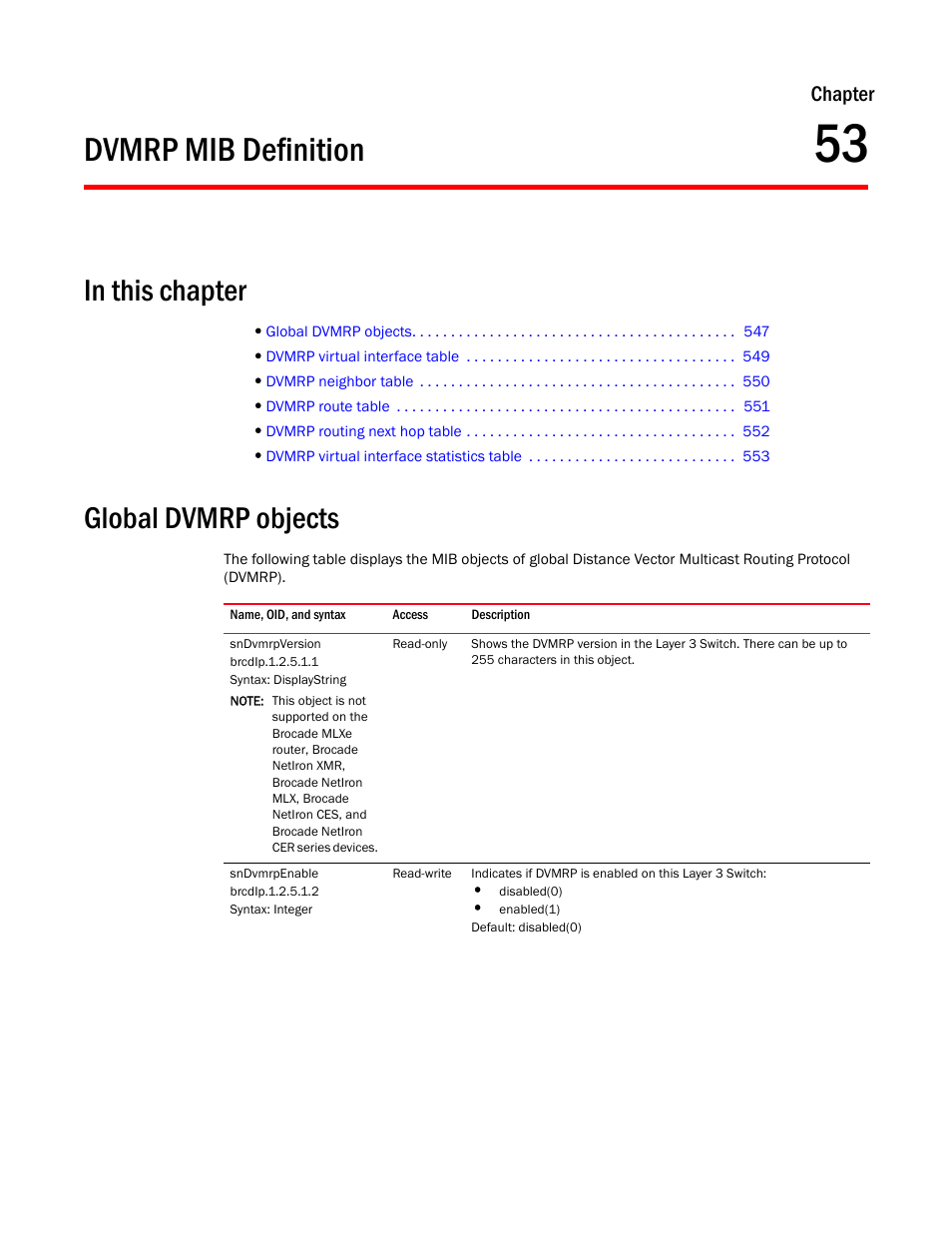 Dvmrp mib definition, Global dvmrp objects, Sndvmrpversion | Sndvmrpenable, Chapter 53, Chapter | Brocade Unified IP MIB Reference (Supporting FastIron Release 07.5.00) User Manual | Page 575 / 768