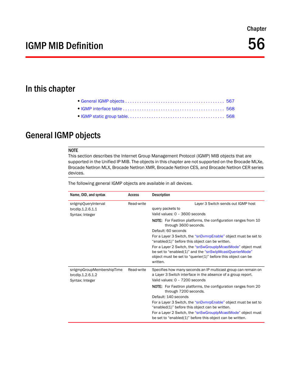 Igmp mib definition, General igmp objects, Snigmpqueryinterval | Snigmpgroupmembershiptime, Chapter 56, Chapter | Brocade Unified IP MIB Reference (Supporting FastIron Release 07.5.00) User Manual | Page 595 / 768