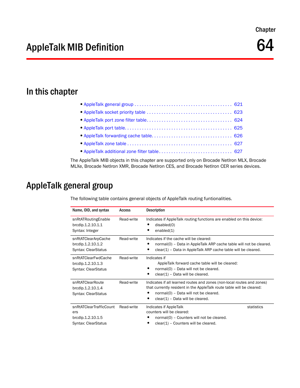 Appletalk mib definition, Appletalk general group, Snrtatroutingenable | Snrtatcleararpcache, Snrtatclearfwdcache, Snrtatclearroute, Snrtatcleartrafficcount ers, Chapter 64, Chapter | Brocade Unified IP MIB Reference (Supporting FastIron Release 07.5.00) User Manual | Page 649 / 768