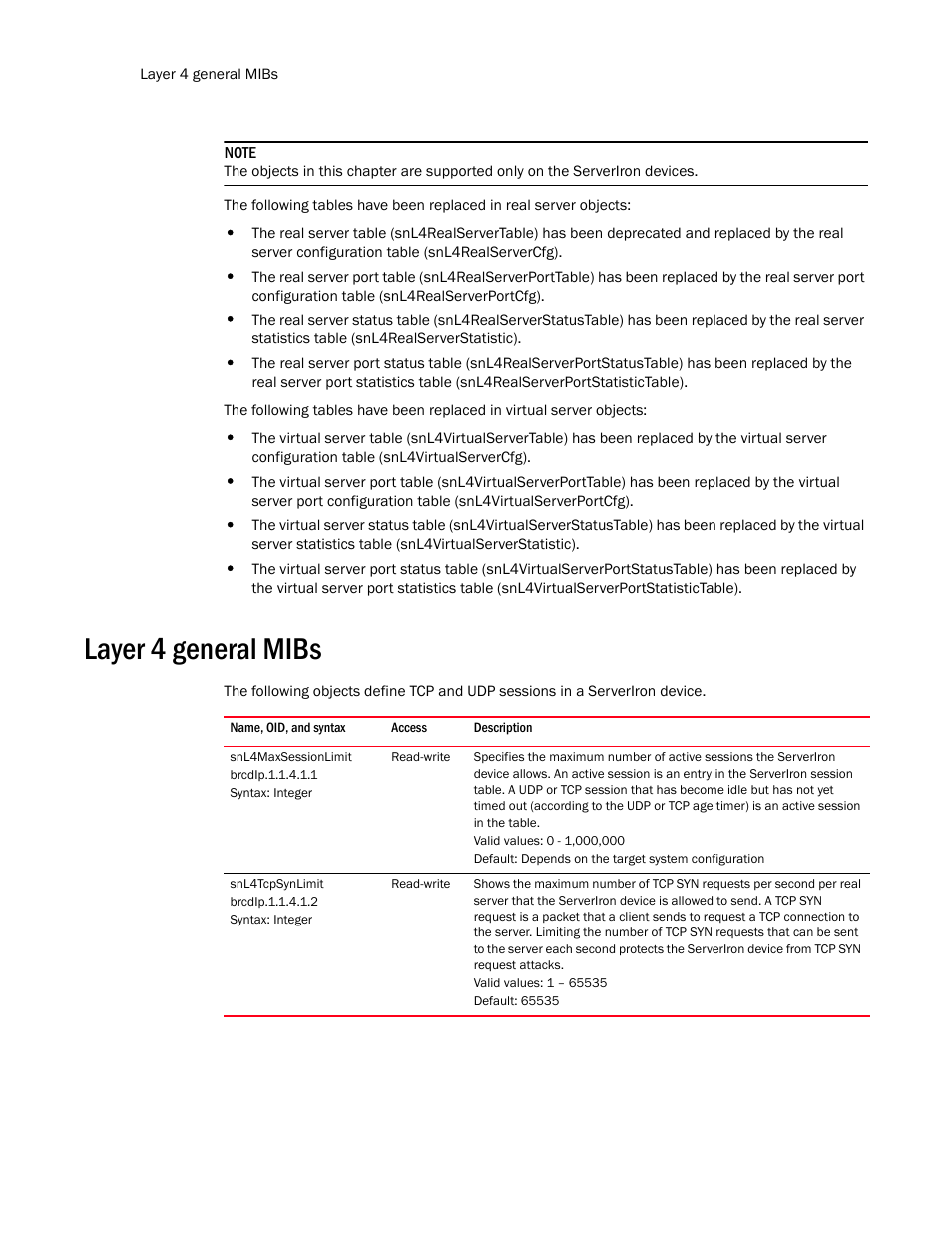 Layer 4 general mibs, Snl4maxsessionlimit, Snl4tcpsynlimit | Brocade Unified IP MIB Reference (Supporting FastIron Release 07.5.00) User Manual | Page 658 / 768