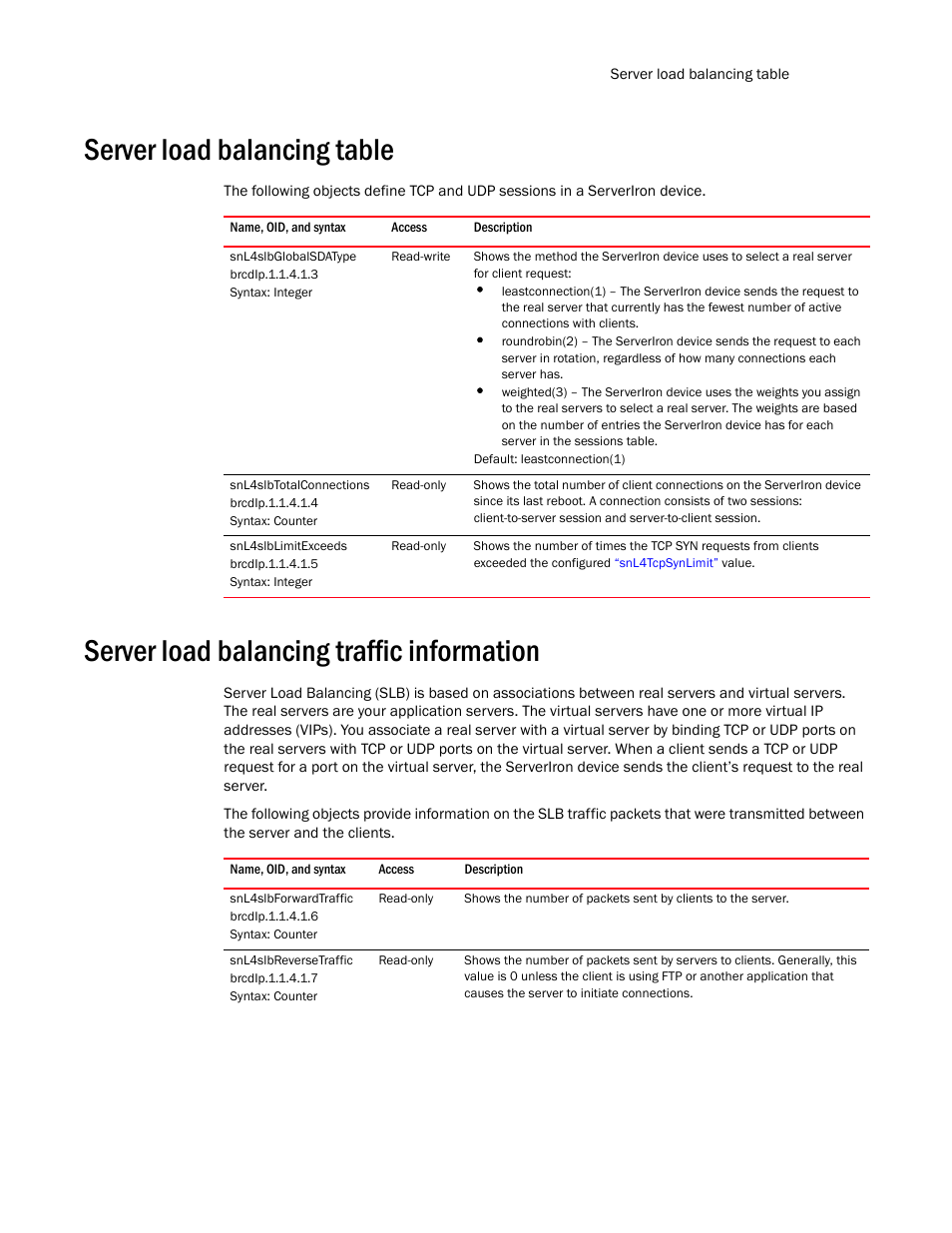 Server load balancing table, Snl4slbglobalsdatype, Snl4slbtotalconnections | Snl4slblimitexceeds, Server load balancing traffic information, Snl4slbforwardtraffic, Snl4slbreversetraffic | Brocade Unified IP MIB Reference (Supporting FastIron Release 07.5.00) User Manual | Page 659 / 768