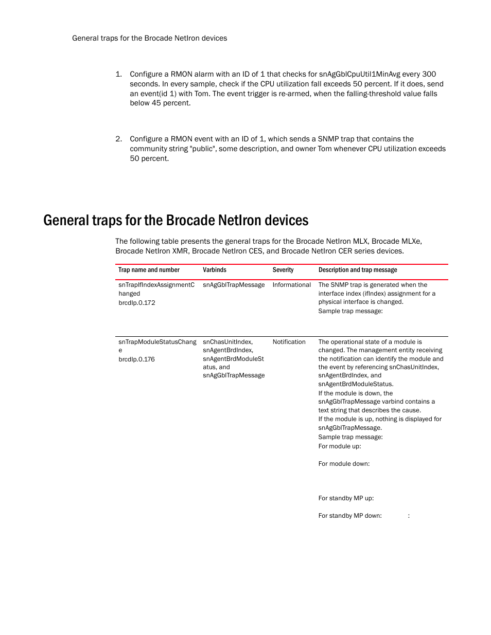 General traps for the brocade netiron devices, Sntrapifindexassignmentc hanged, Sntrapmodulestatuschang e | Brocade Unified IP MIB Reference (Supporting FastIron Release 07.5.00) User Manual | Page 748 / 768