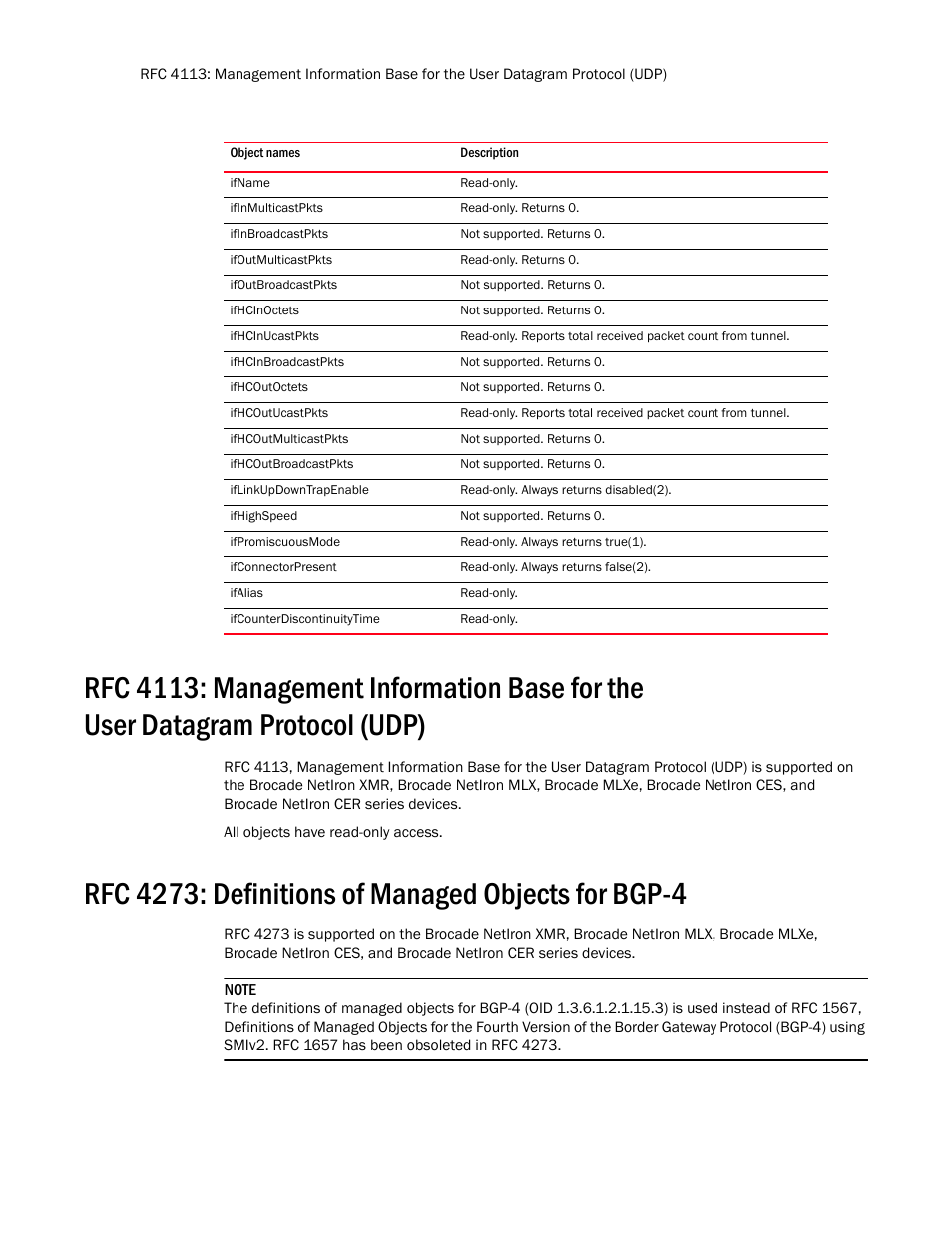 Ifname, Ifinmulticastpkts, Ifinbroadcastpkts | Ifoutmulticastpkts, Ifoutbroadcastpkts, Ifhcinoctets, Ifhcinucastpkts, Ifhcinbroadcastpkts, Ifhcoutoctets, Ifhcoutucastpkts | Brocade Unified IP MIB Reference (Supporting FastIron Release 07.5.00) User Manual | Page 76 / 768