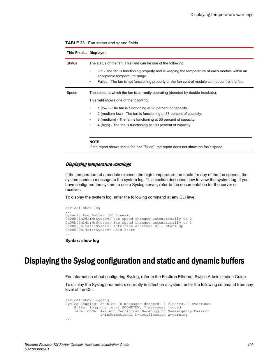 Displaying temperature warnings | Brocade FastIron SX Series Chassis Hardware Installation Guide User Manual | Page 105 / 192