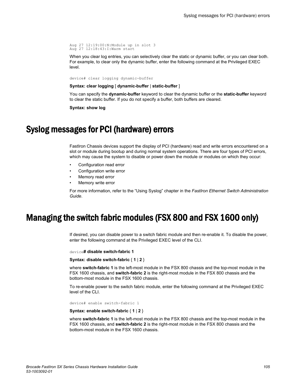 Syslog messages for pci (hardware) errors | Brocade FastIron SX Series Chassis Hardware Installation Guide User Manual | Page 107 / 192